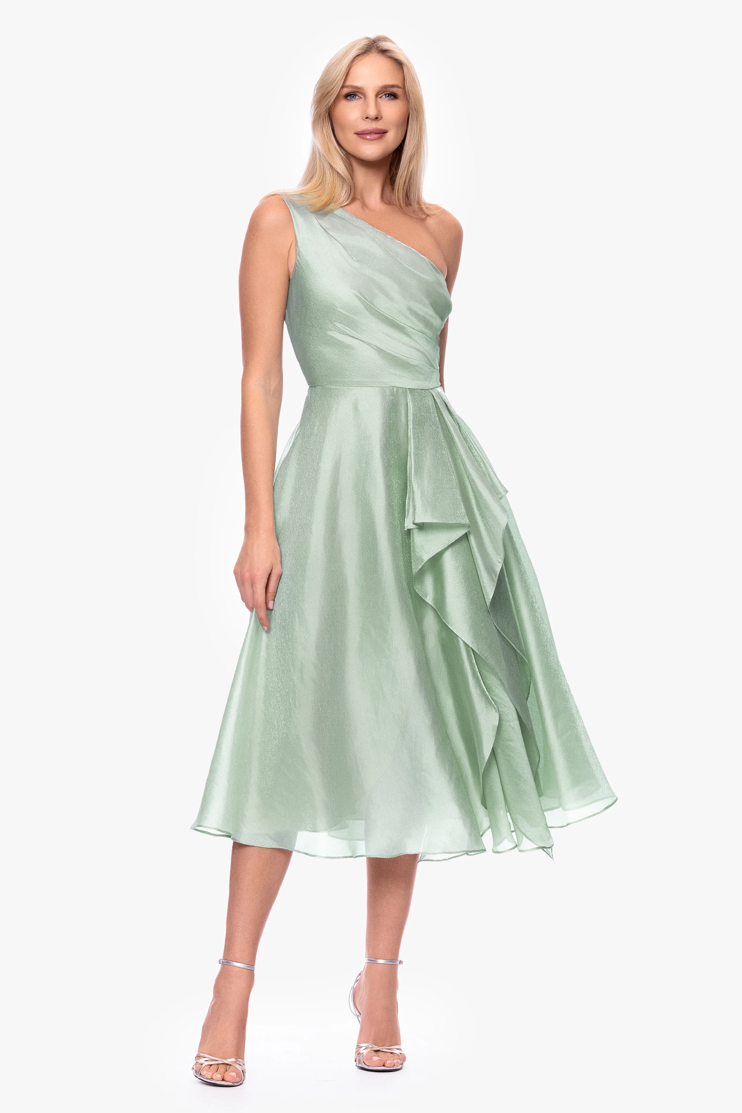"Keira" Metallic Organza One Shoulder Midi Dress - Image 6