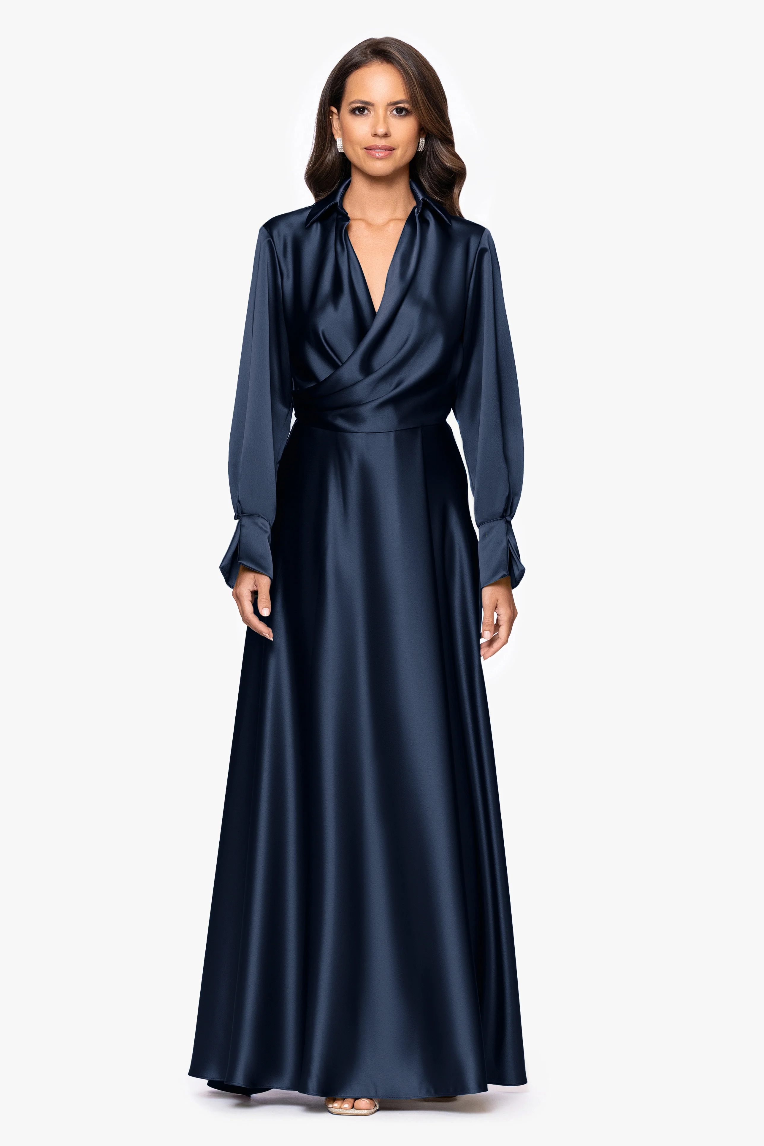 "Kelandra" Satin Collared V-Neck Long Sleeve Dress