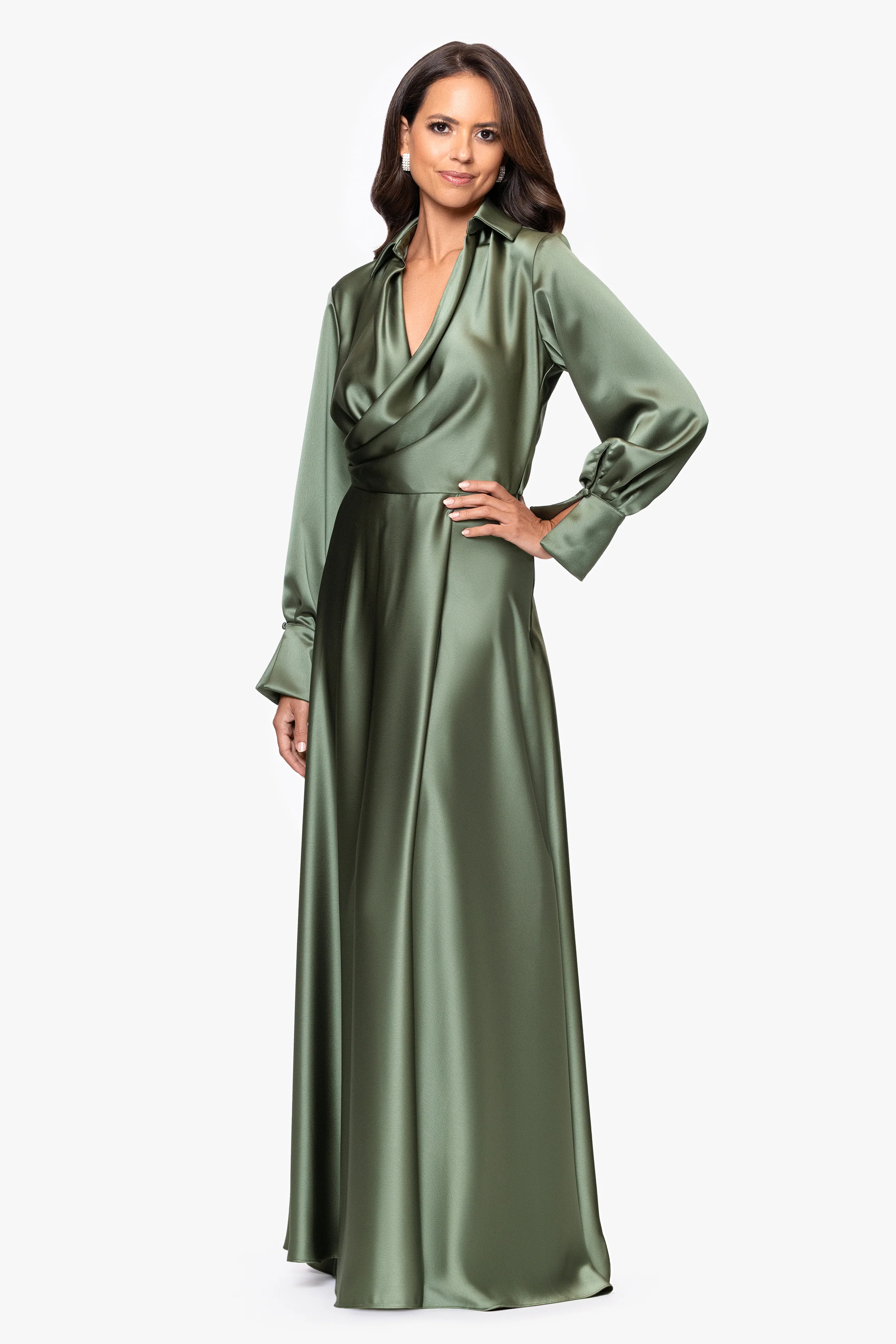 "Kelandra" Satin Collared V-Neck Long Sleeve Dress - Image 10