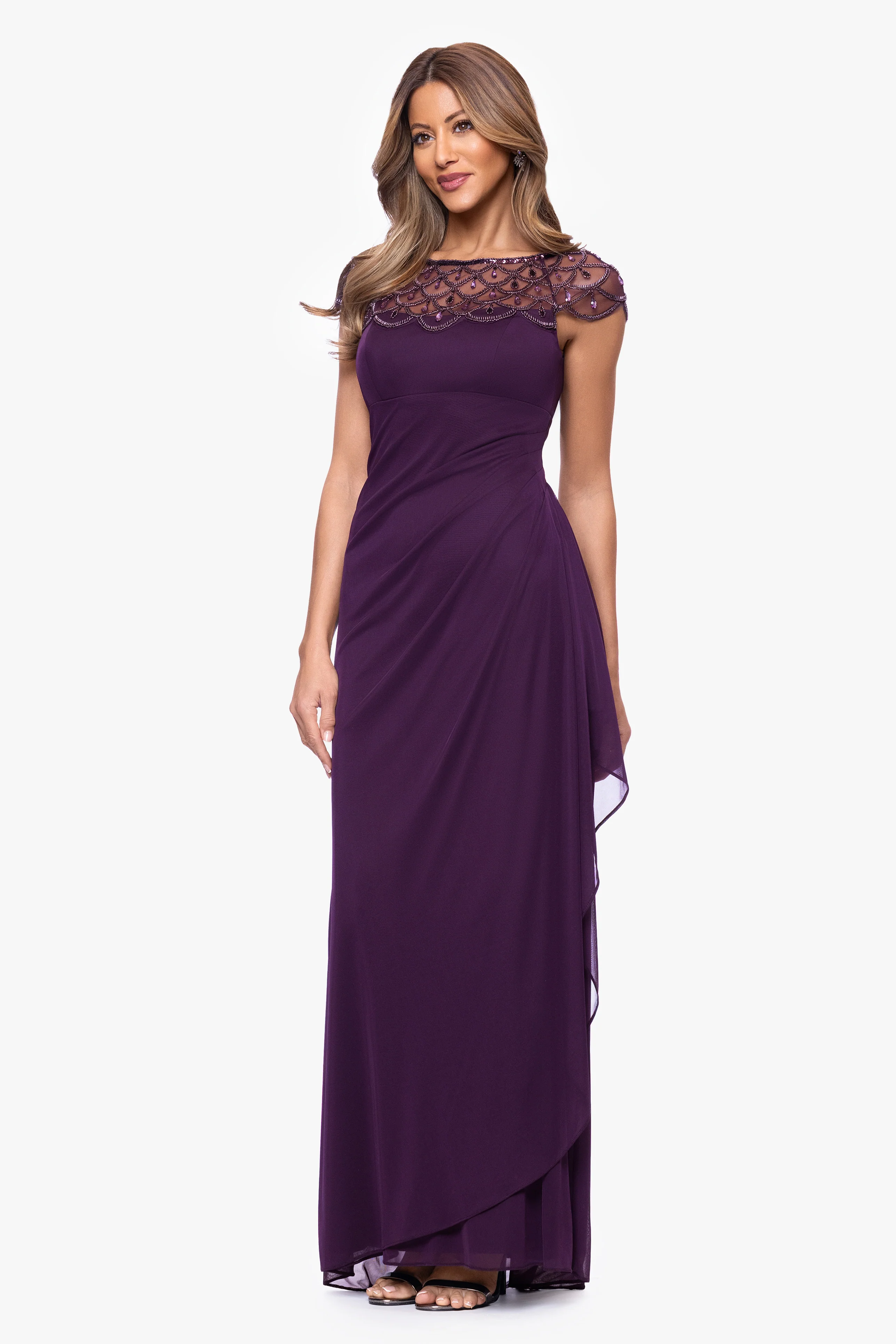 "Khloe" Sheer Matte Jersey Embellished Ruffle Dress - Image 4