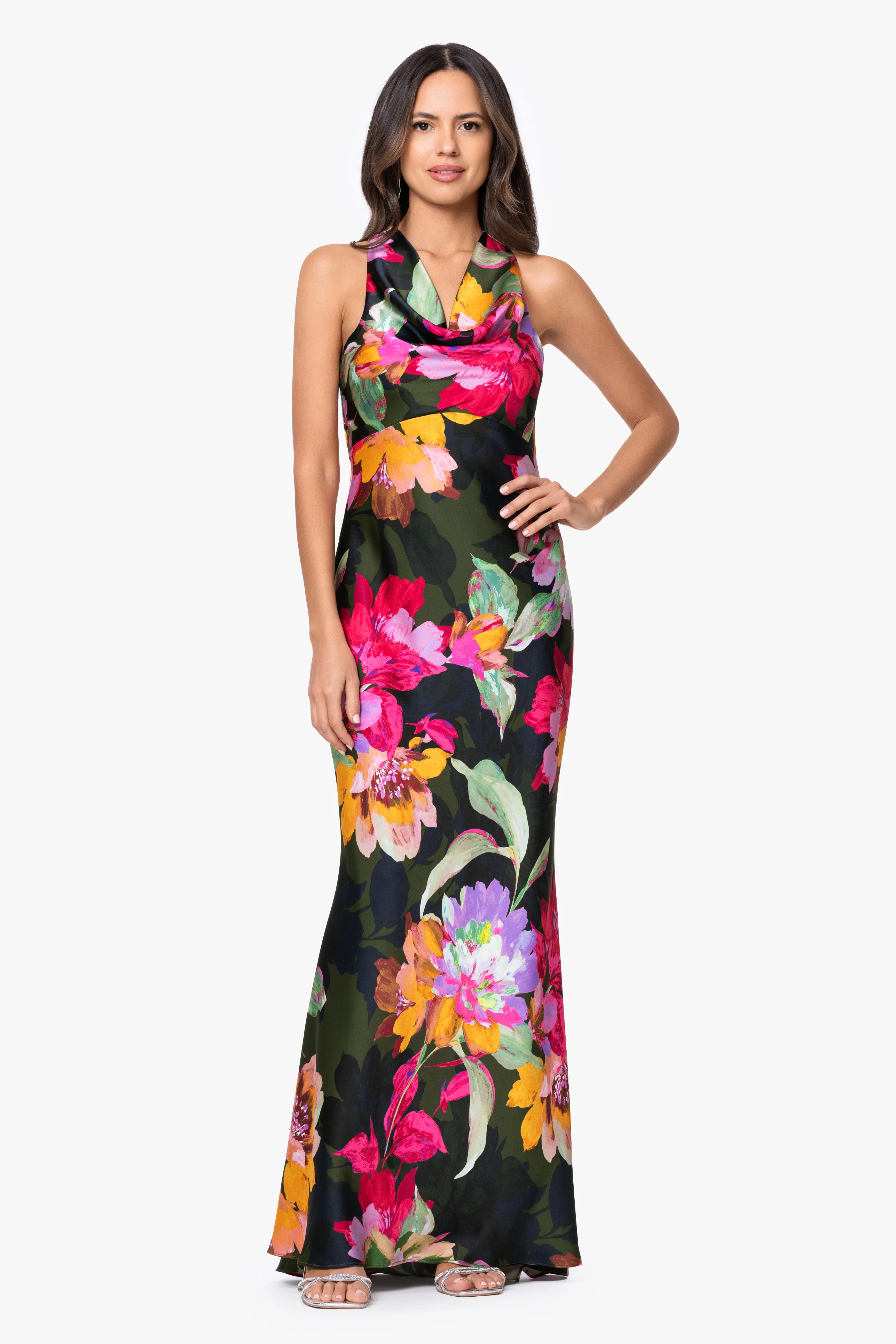 "Kristine" Printed Satin Tie Neck Dress - Image 2