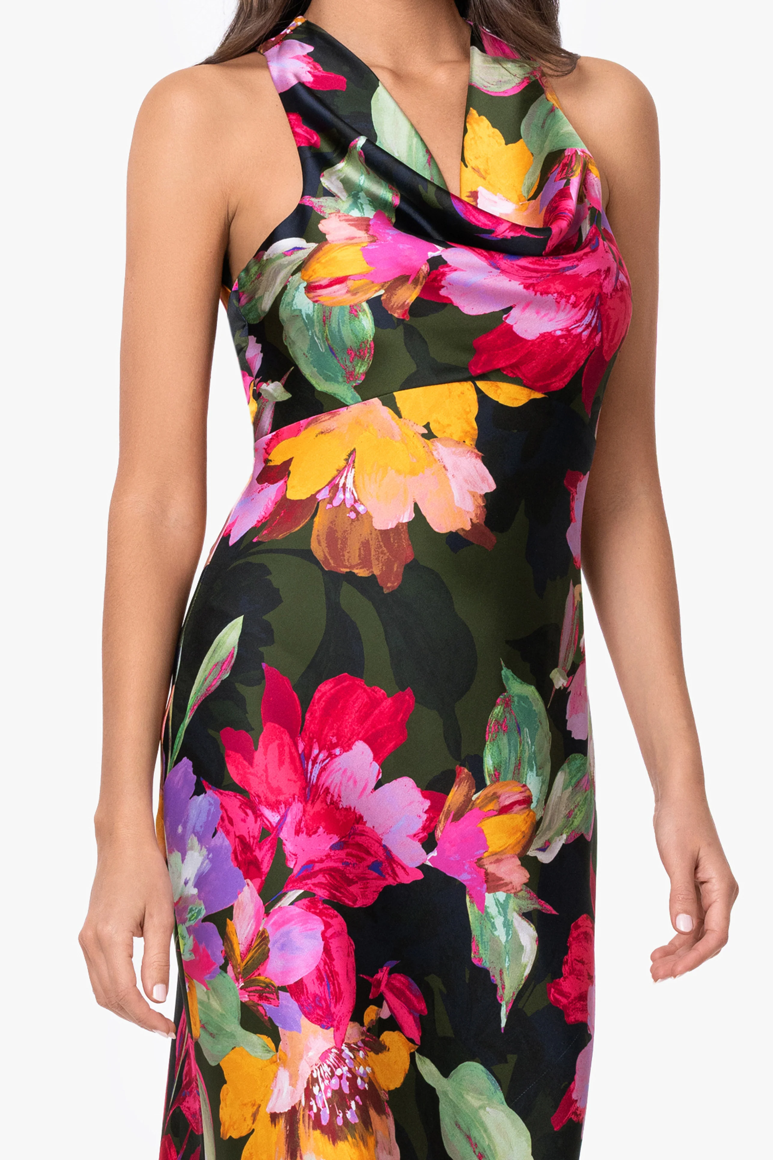 "Kristine" Printed Satin Tie Neck Dress - Image 3