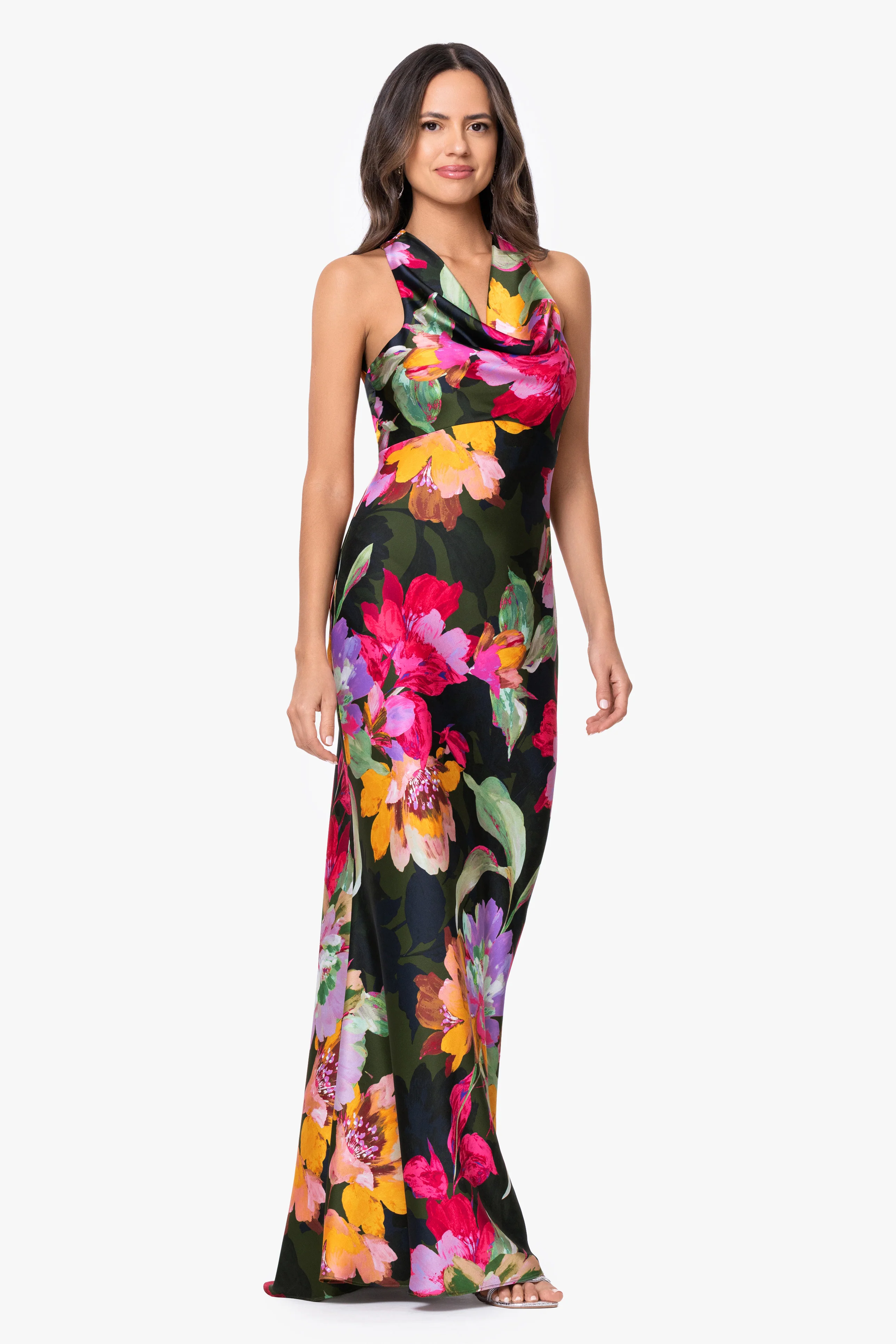 "Kristine" Printed Satin Tie Neck Dress - Image 5