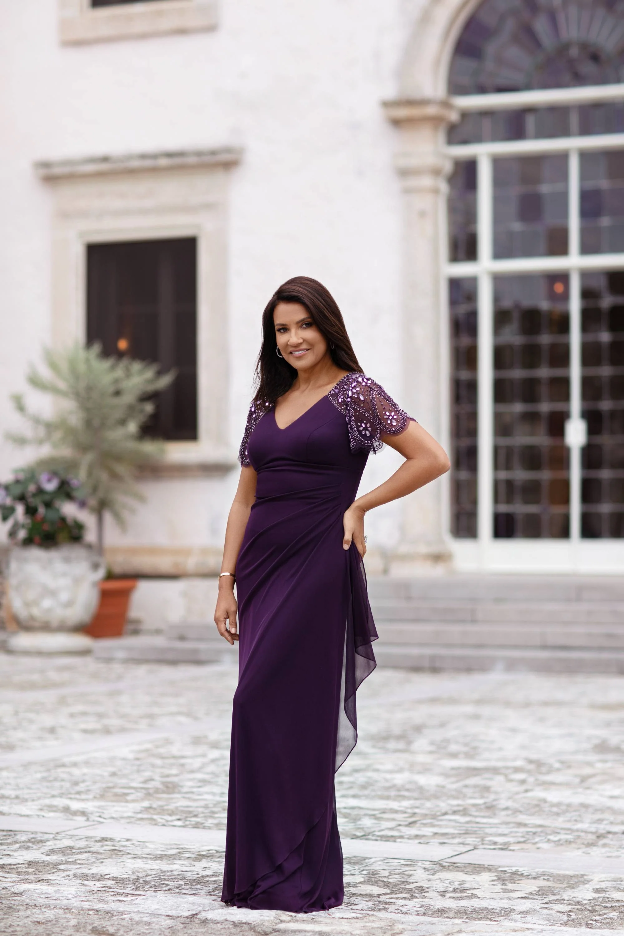 "Lana" Sheer Matte Jersey Beaded Flutter Sleeve Dress - Image 6