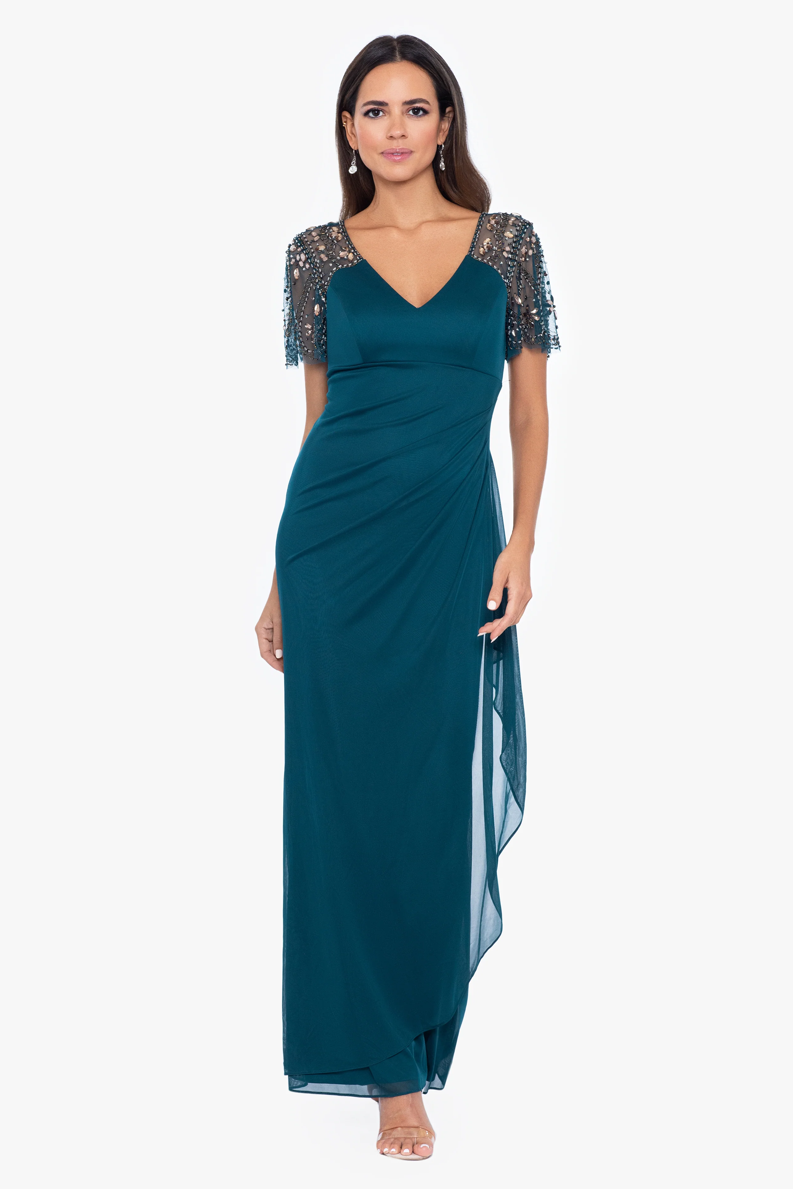 "Lana" Sheer Matte Jersey Beaded Flutter Sleeve Dress - Image 8