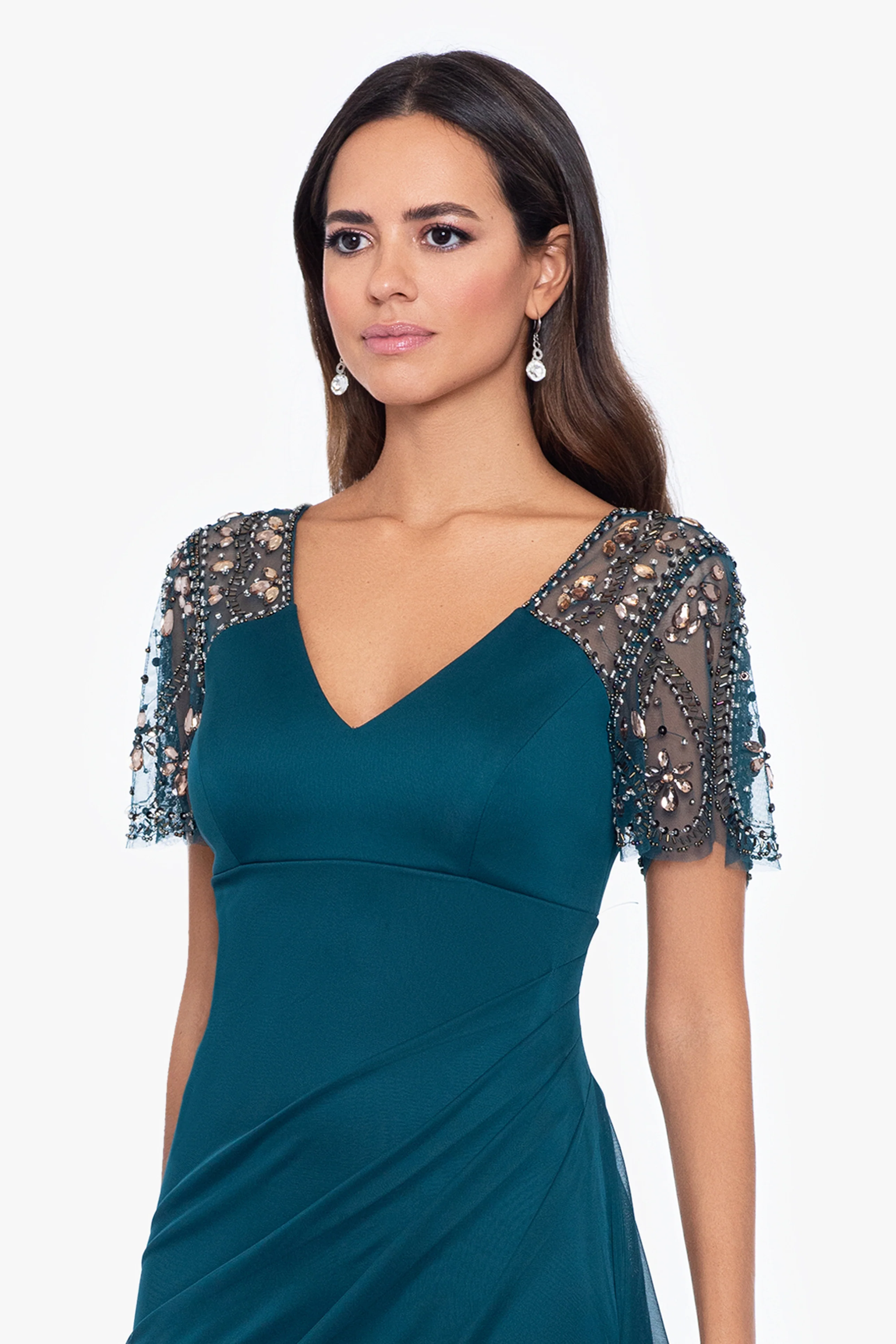 "Lana" Sheer Matte Jersey Beaded Flutter Sleeve Dress - Image 9