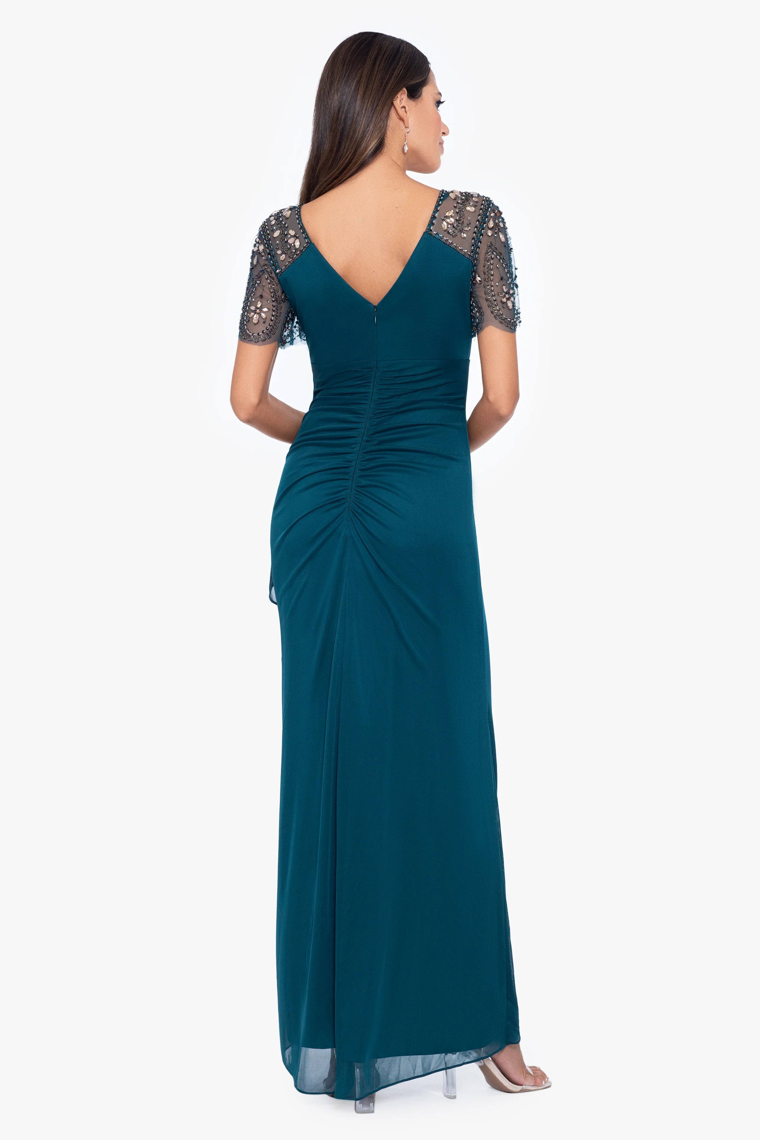 "Lana" Sheer Matte Jersey Beaded Flutter Sleeve Dress - Image 10