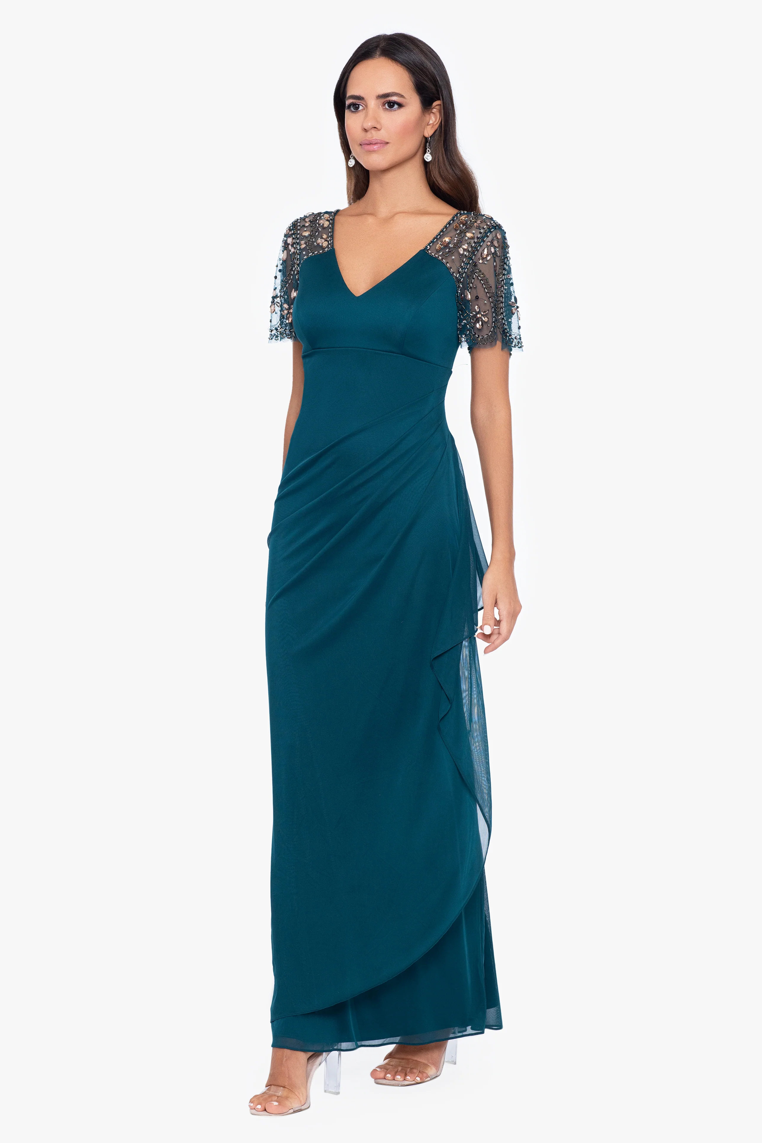 "Lana" Sheer Matte Jersey Beaded Flutter Sleeve Dress - Image 11