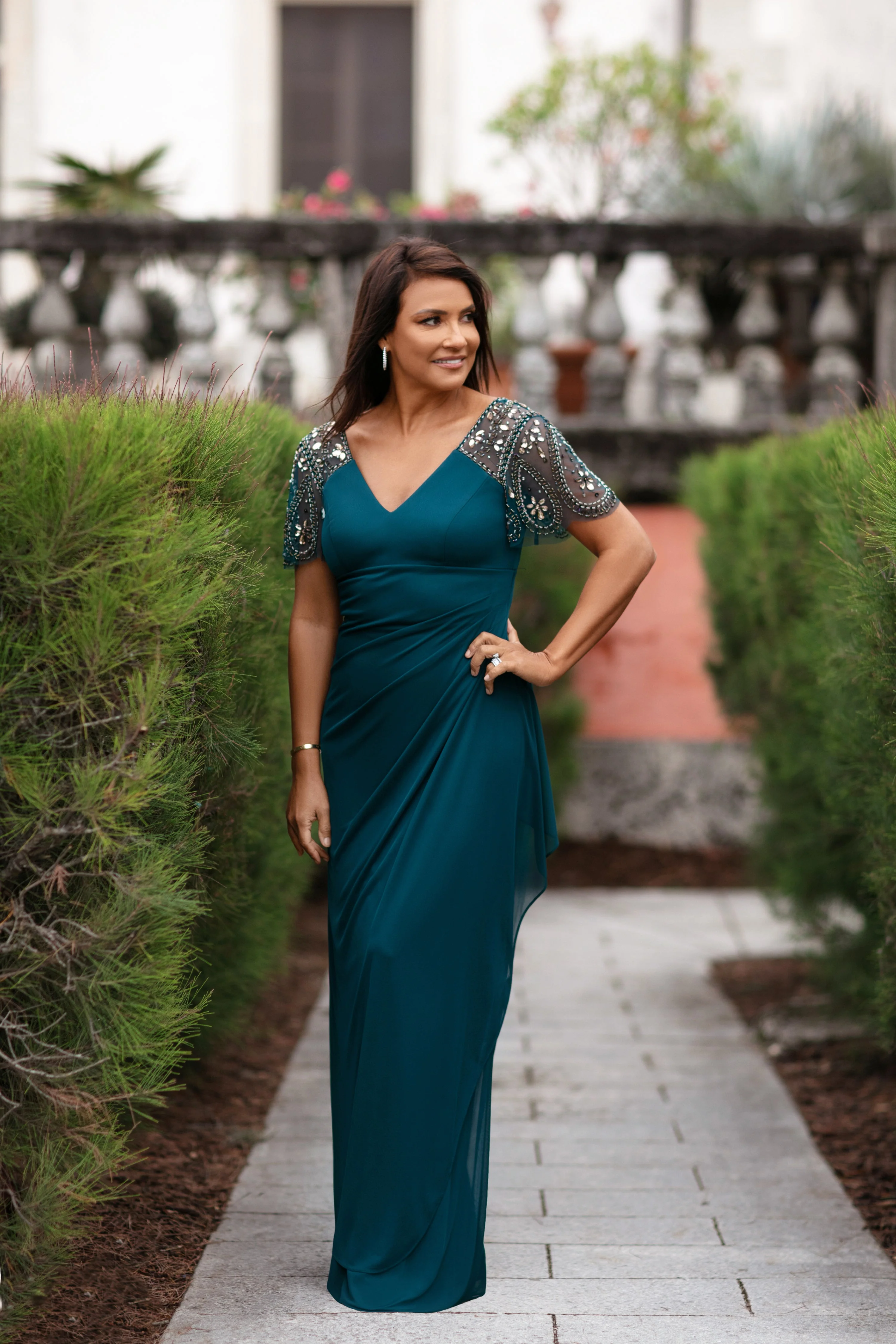 "Lana" Sheer Matte Jersey Beaded Flutter Sleeve Dress - Image 12