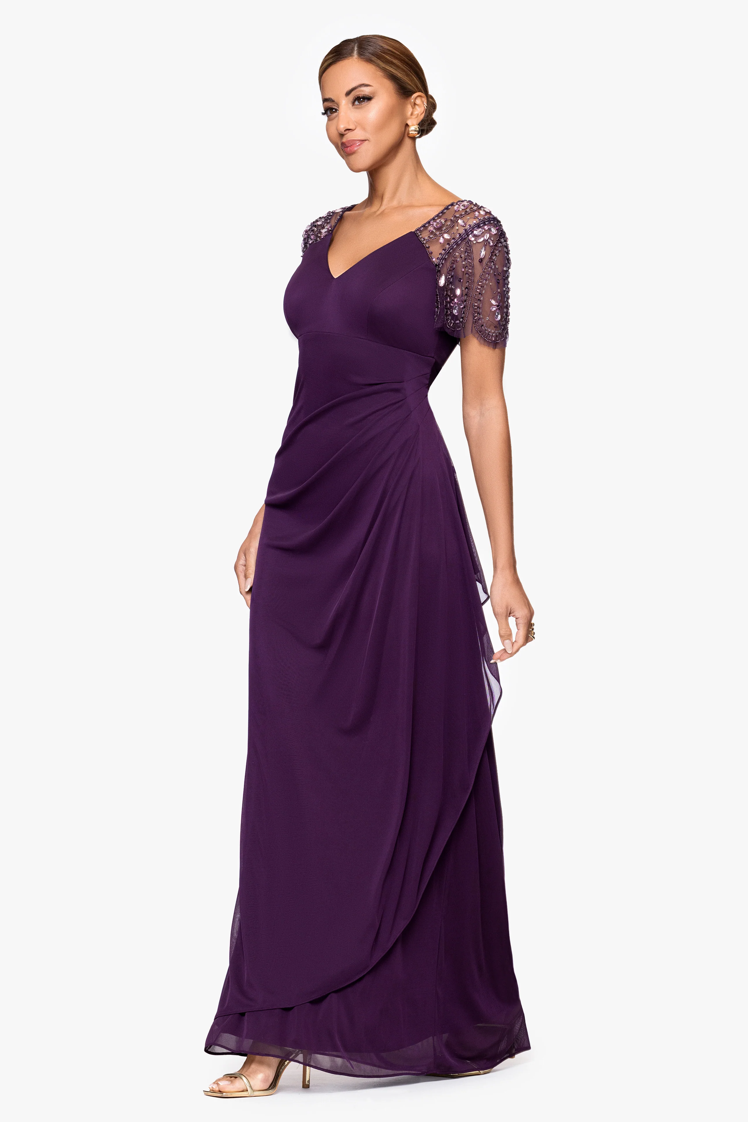 "Lana" Sheer Matte Jersey Beaded Flutter Sleeve Dress - Image 4