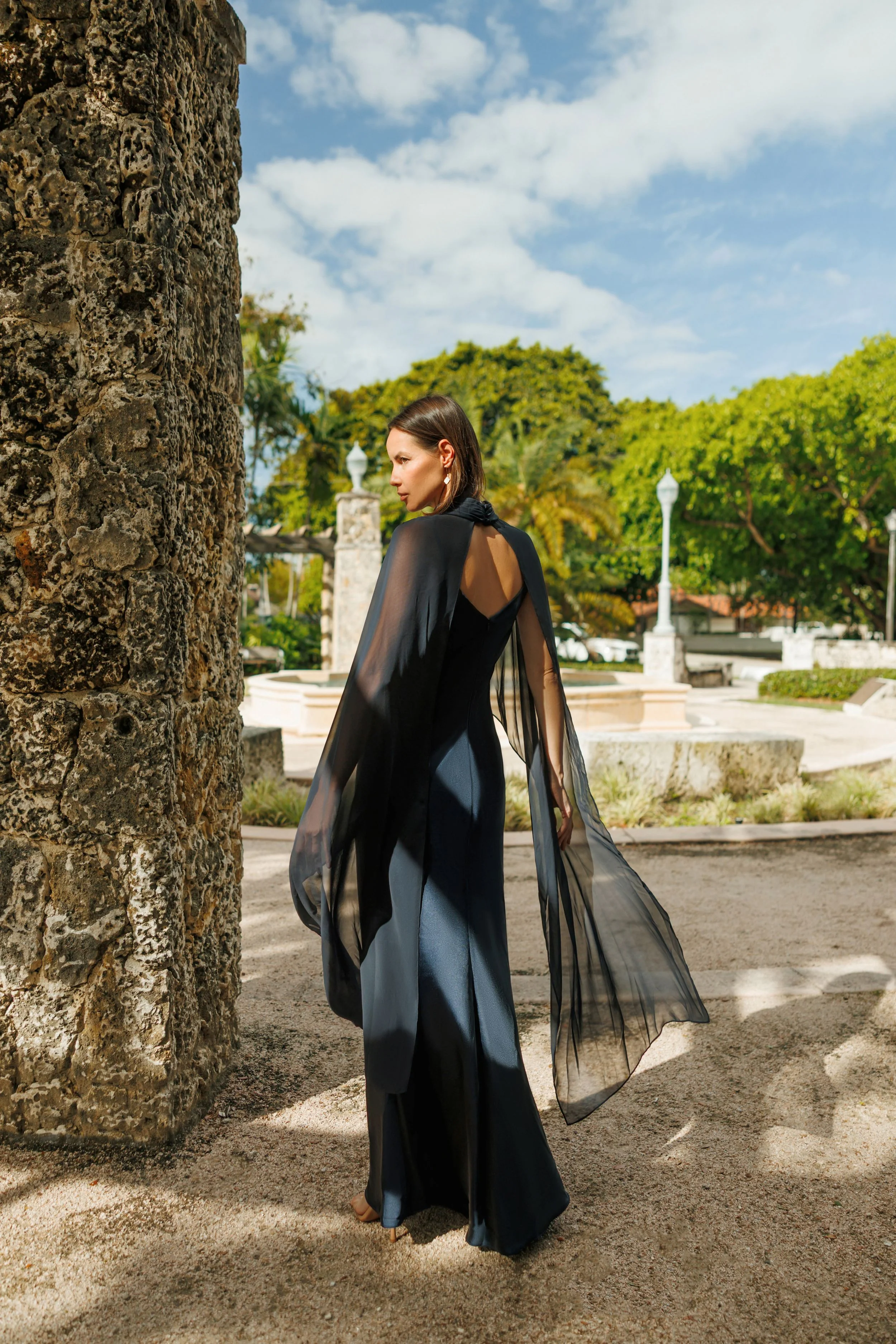 "Laura" Satin Dress With Removable Chiffon Shawl Dress - Image 8