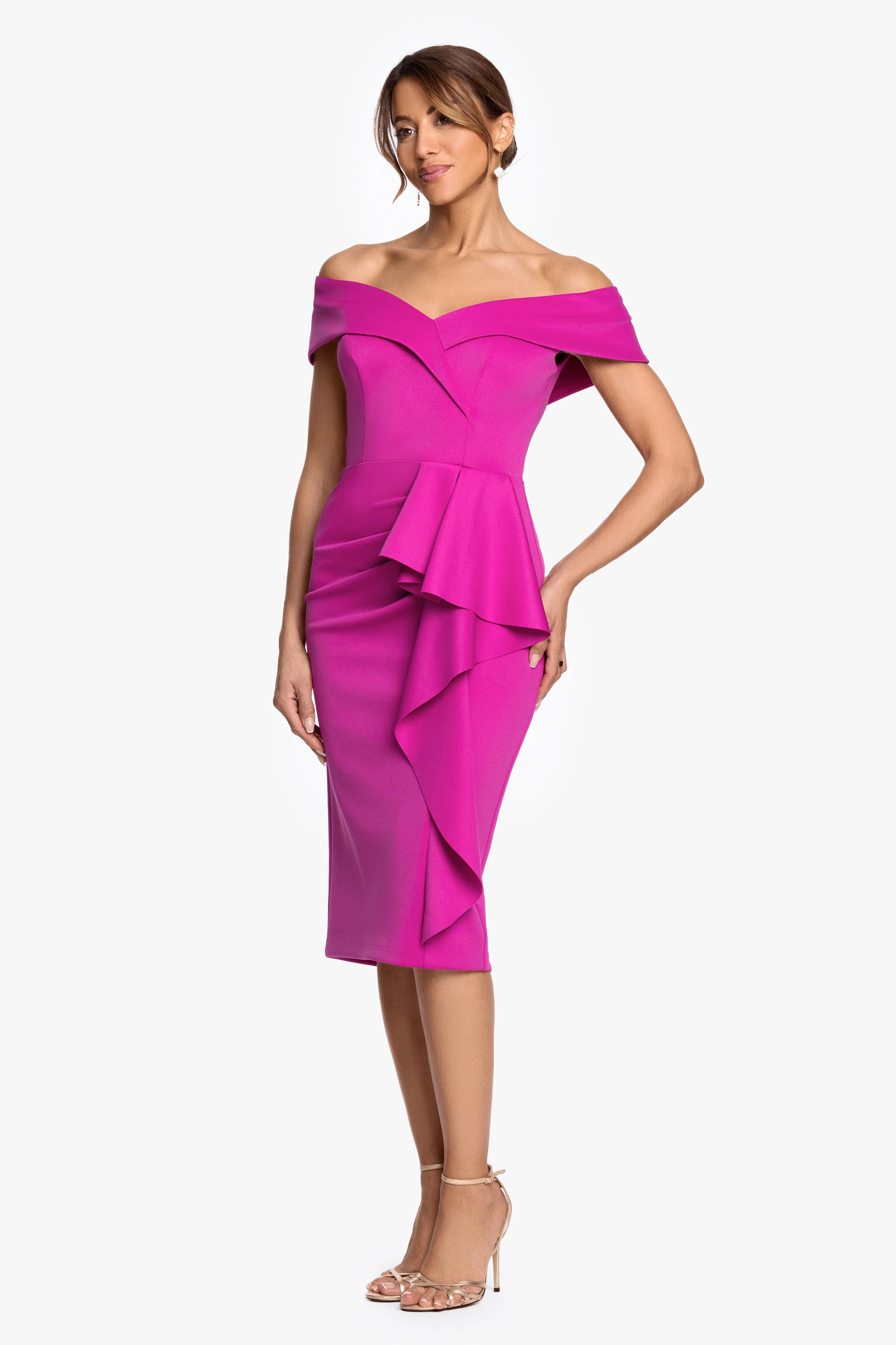 "Molly" Techno Scuba Off The Shoulder Ruffle Midi Dress - Image 4