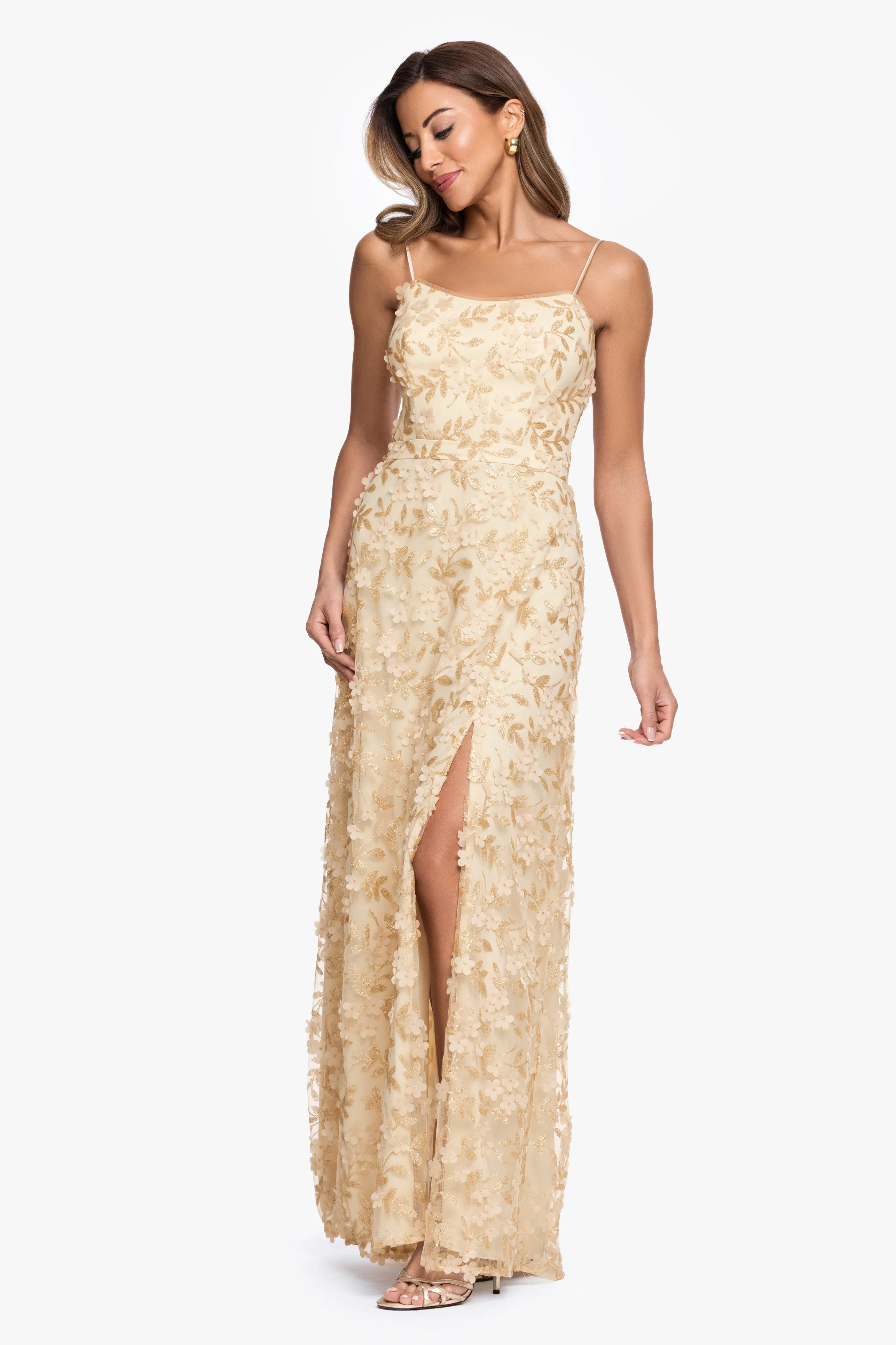 "Natalie" Flower Embellished Spaghetti Strap Gown - Image 4