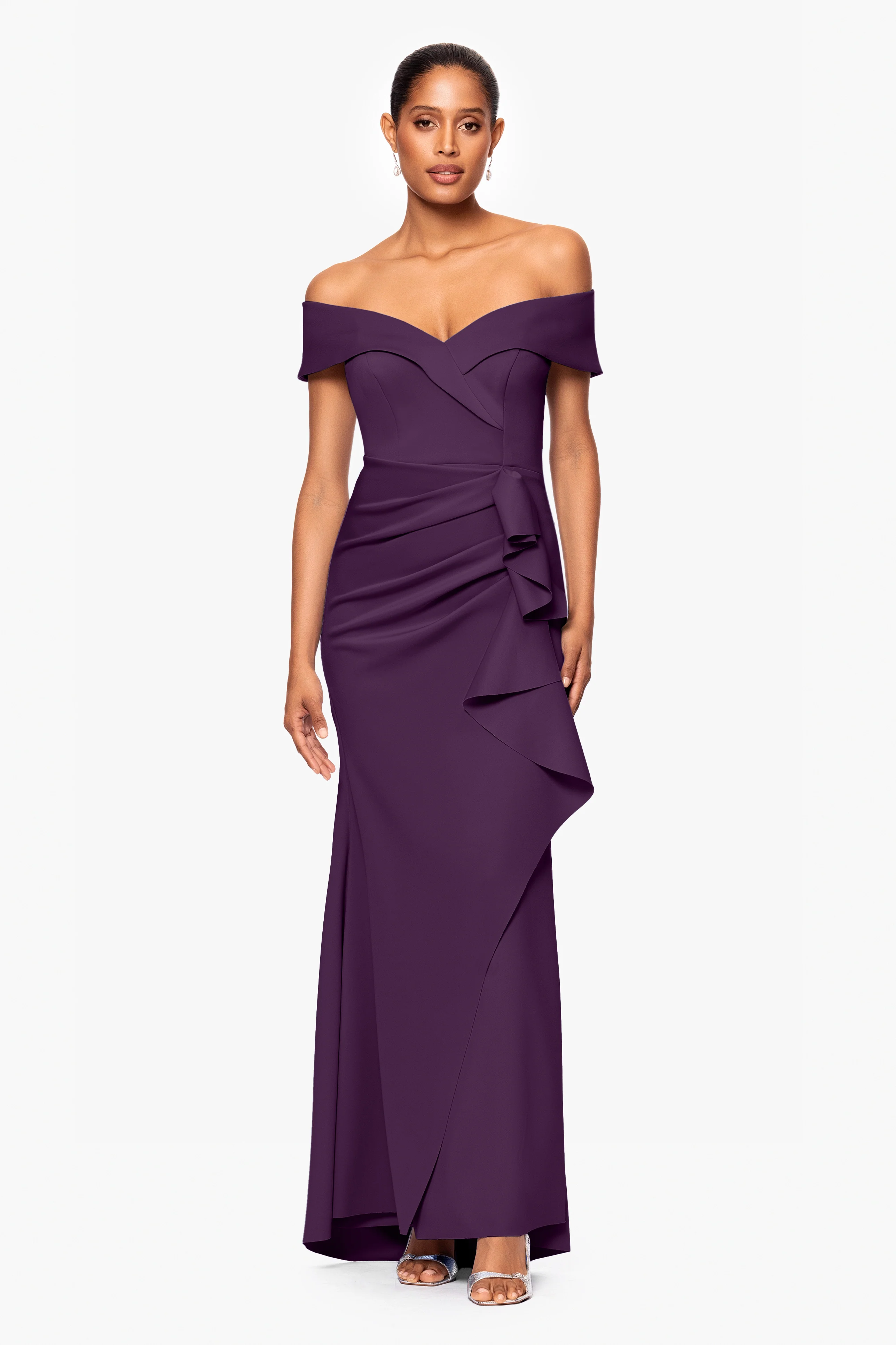 "Patti" Long Off the Shoulder Techno Scuba Dress - Image 46