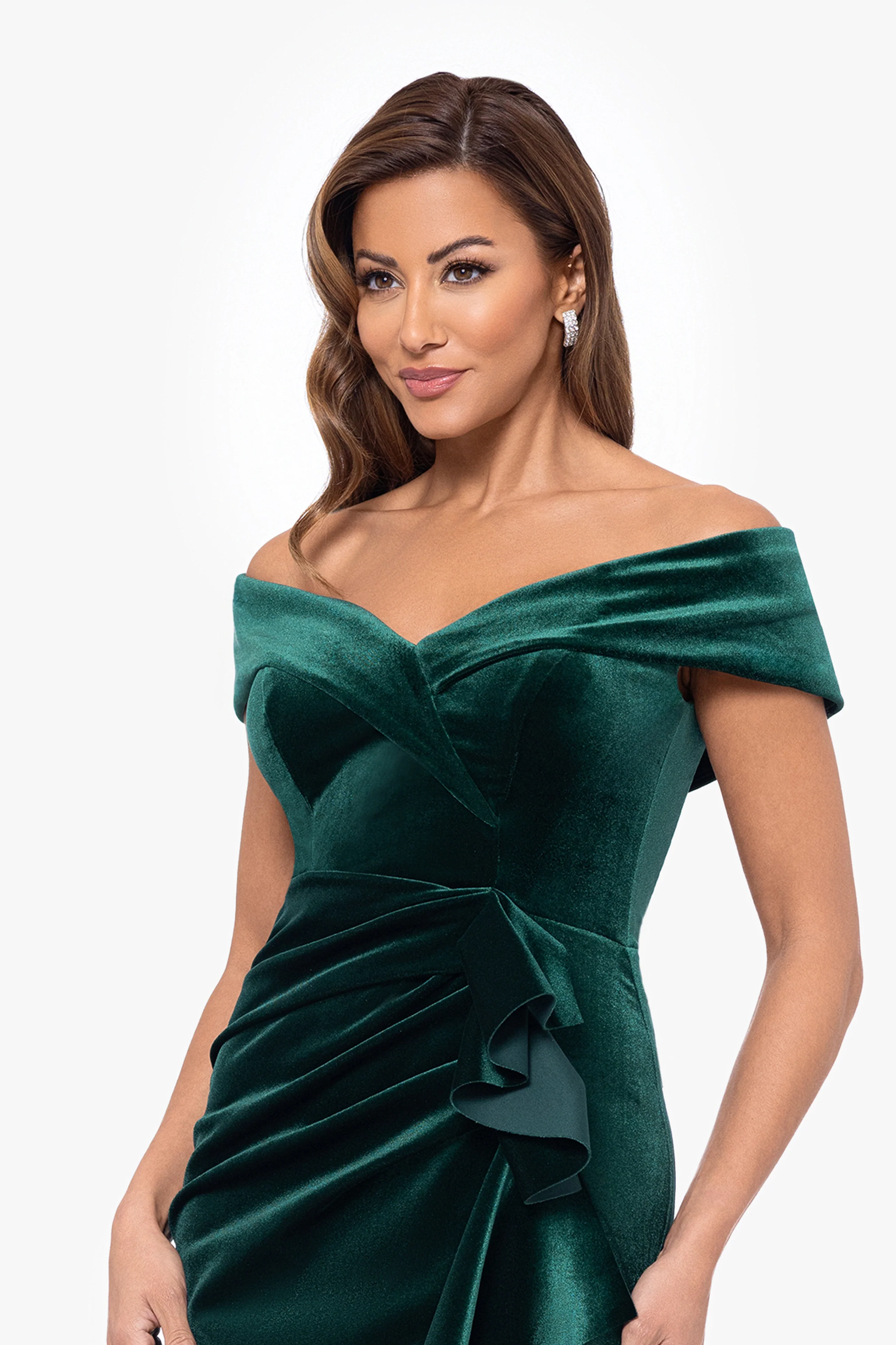 Petite "Alana" Long Off The Shoulder Velvet Ruffle Dress - Image 2