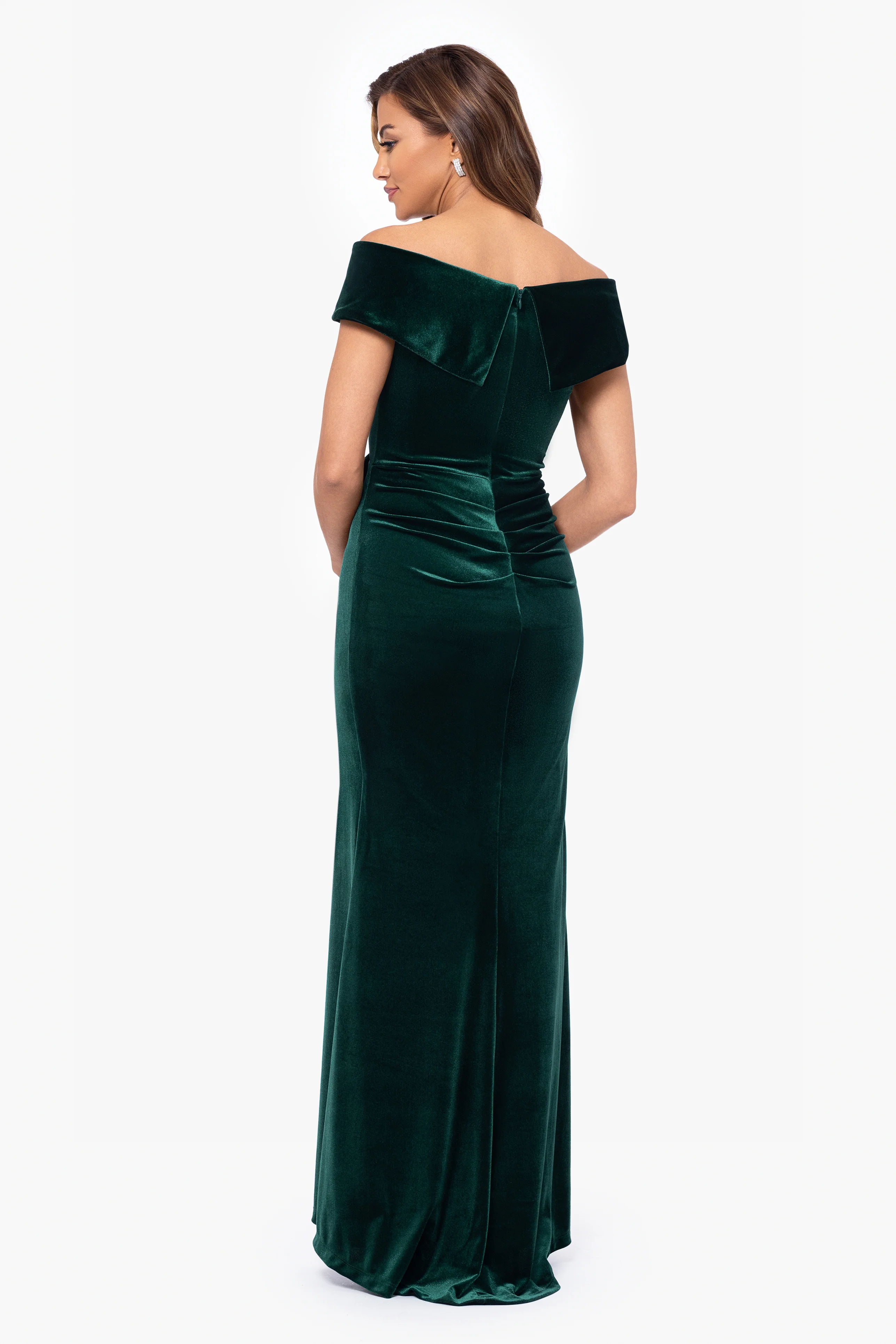 Petite "Alana" Long Off The Shoulder Velvet Ruffle Dress - Image 3