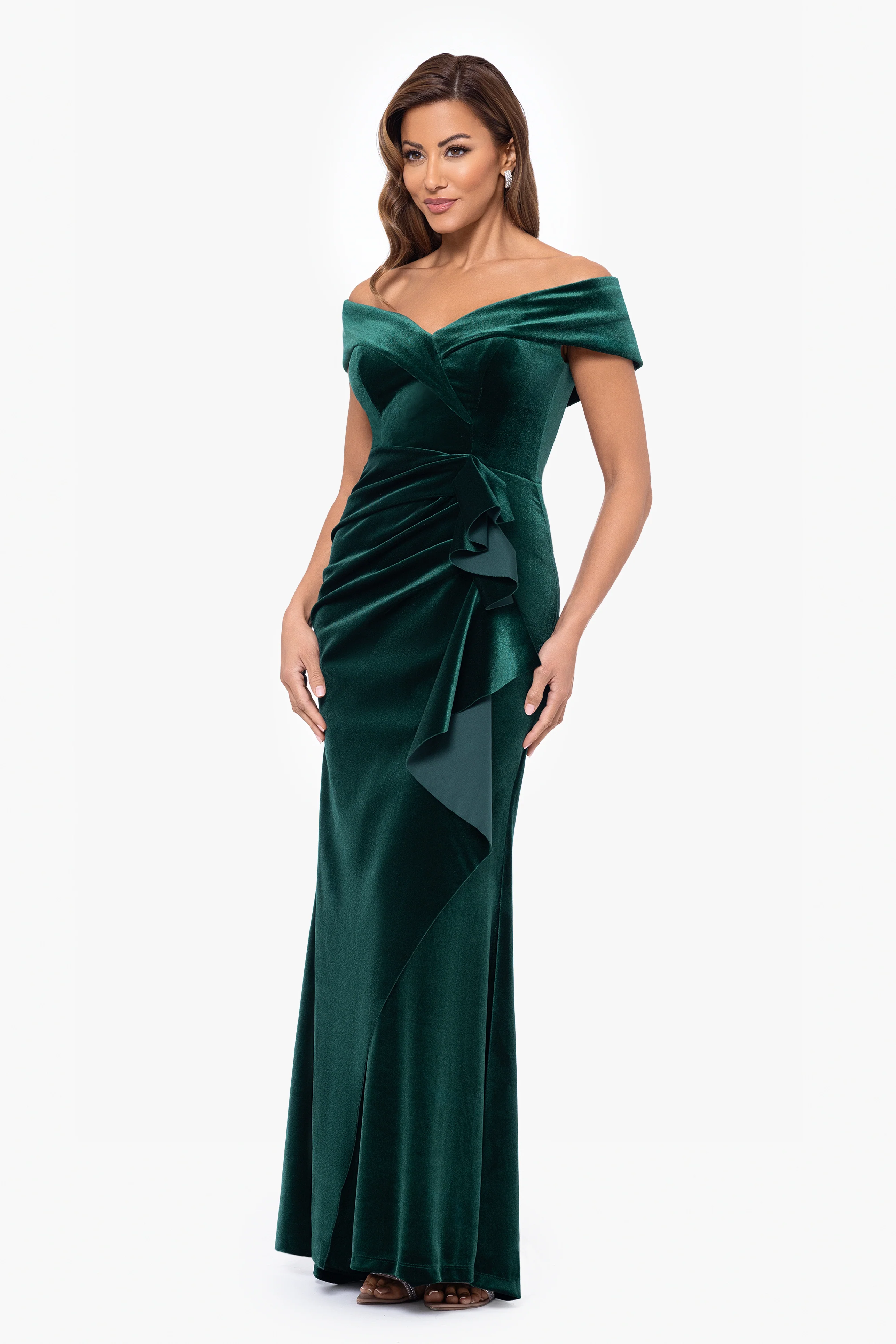 Petite "Alana" Long Off The Shoulder Velvet Ruffle Dress - Image 4