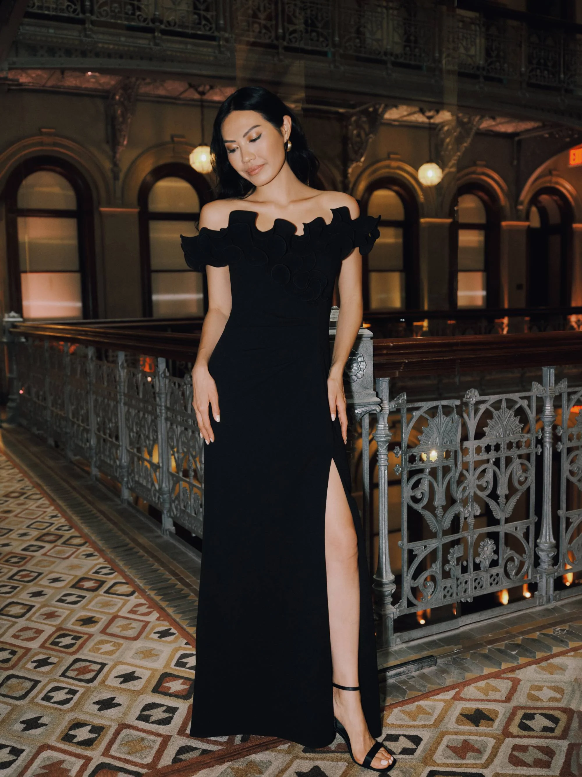 Petite "Anya" Scuba Crepe & Chiffon Ruffle Off the Shoulder Dress - Image 10