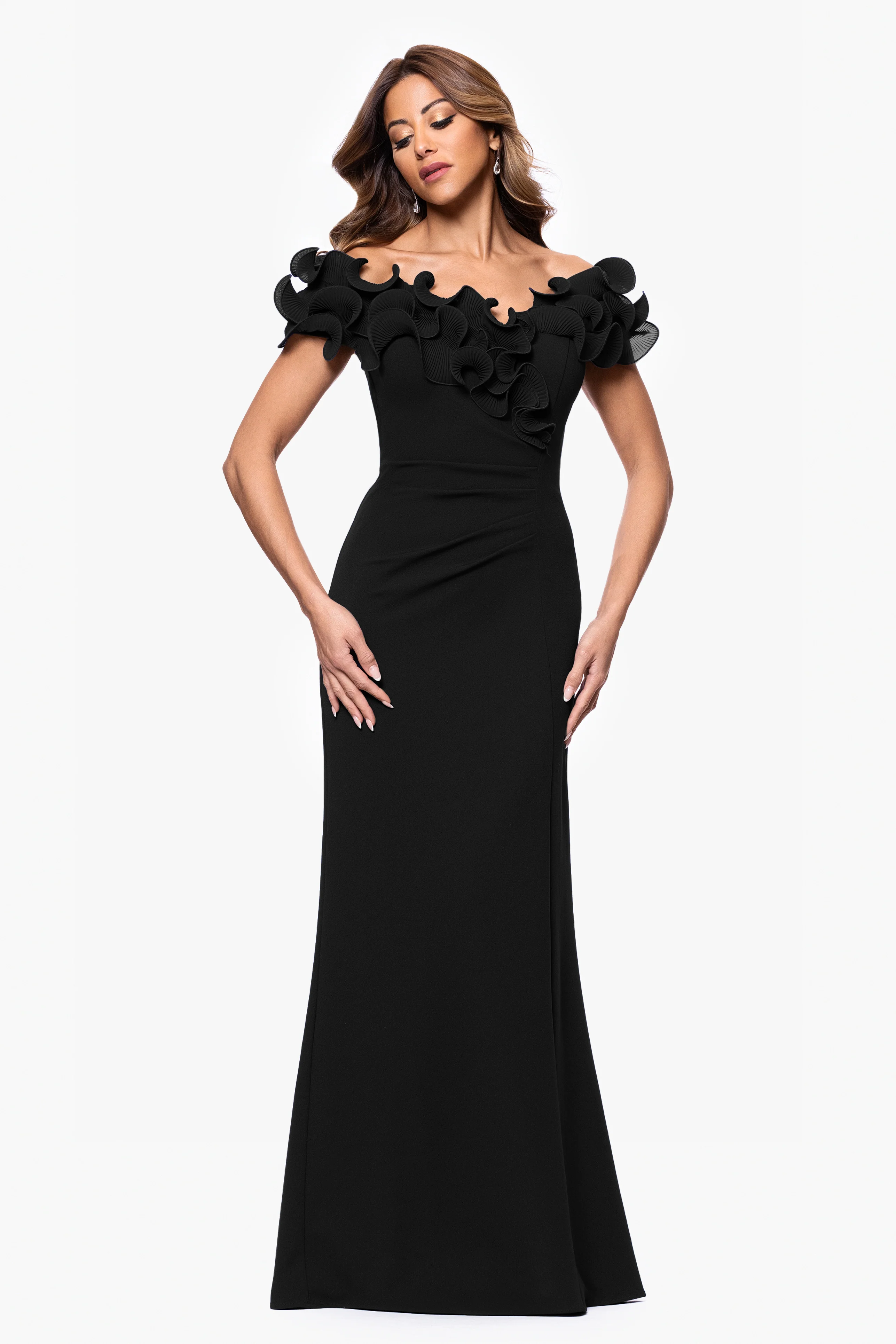 "Anya" Scuba Crepe & Chiffon Ruffle Off The Shoulder Dress - Image 2