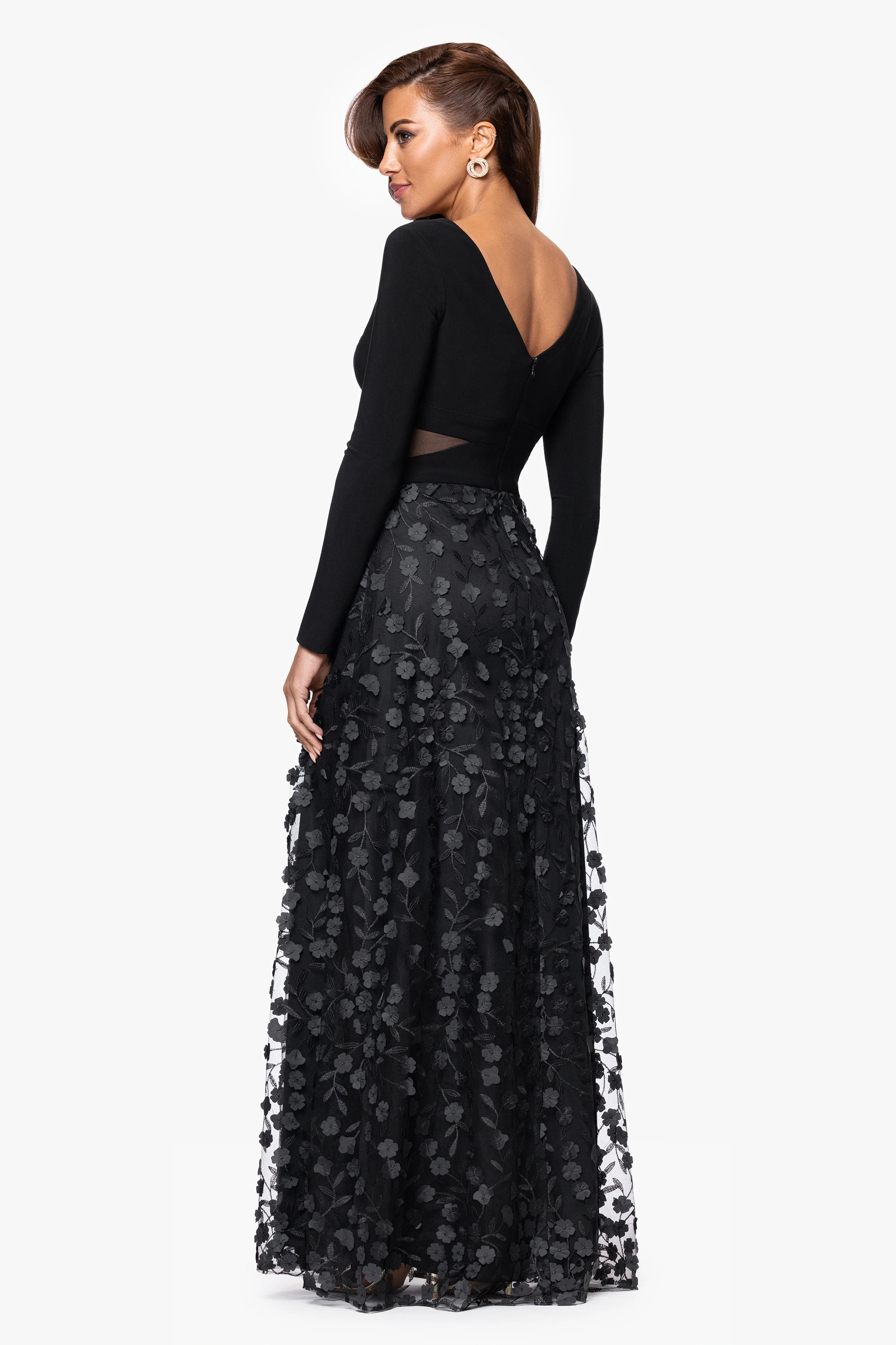Petite "Aurora" V - Neck Long Sleeve Raised Flower Slit Dress - Image 3