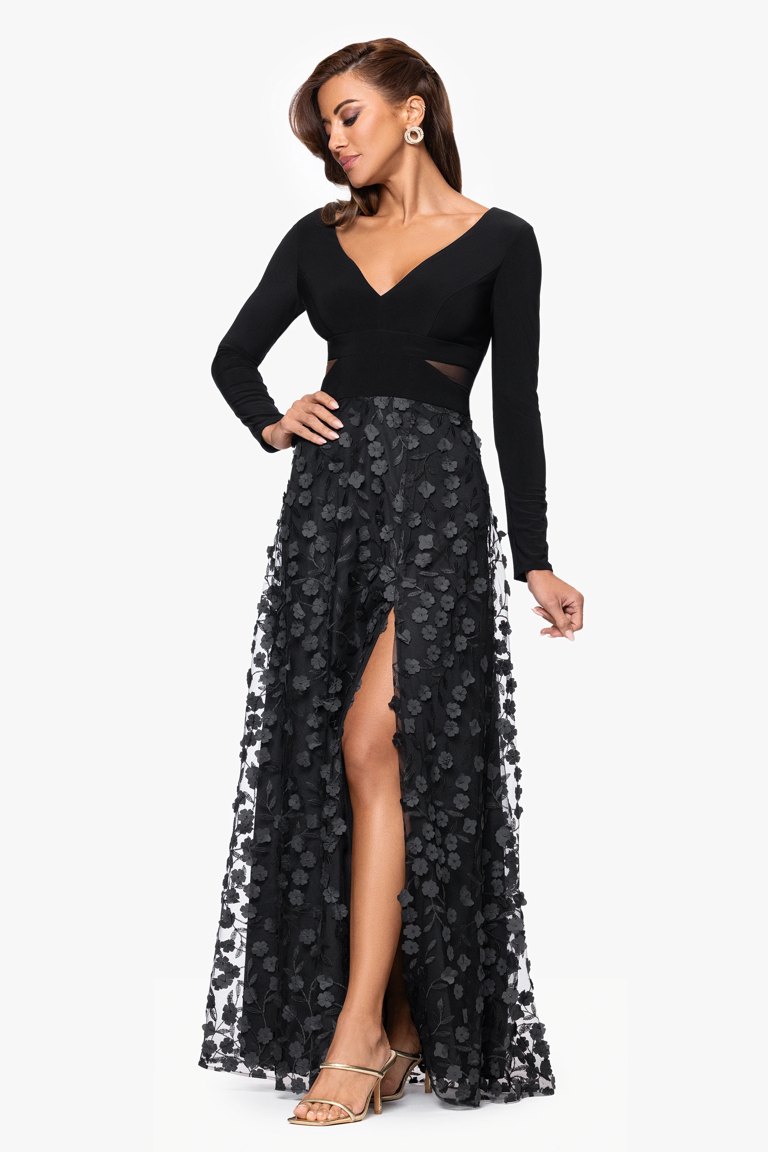 Petite "Aurora" V - Neck Long Sleeve Raised Flower Slit Dress - Image 4
