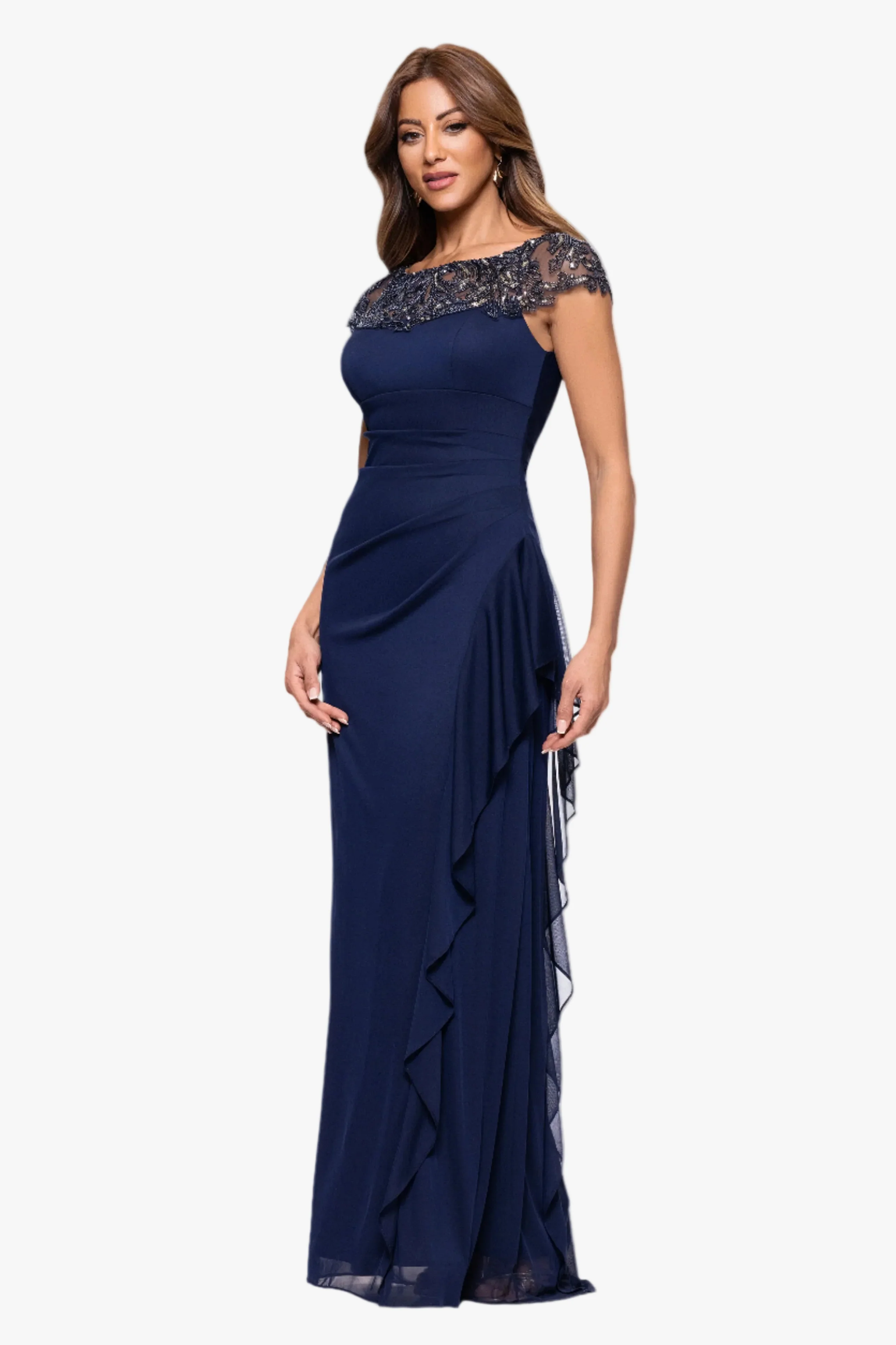 Petite "Cathleen" Sheer Matte Jersey Beaded Neckline Dress - Image 4