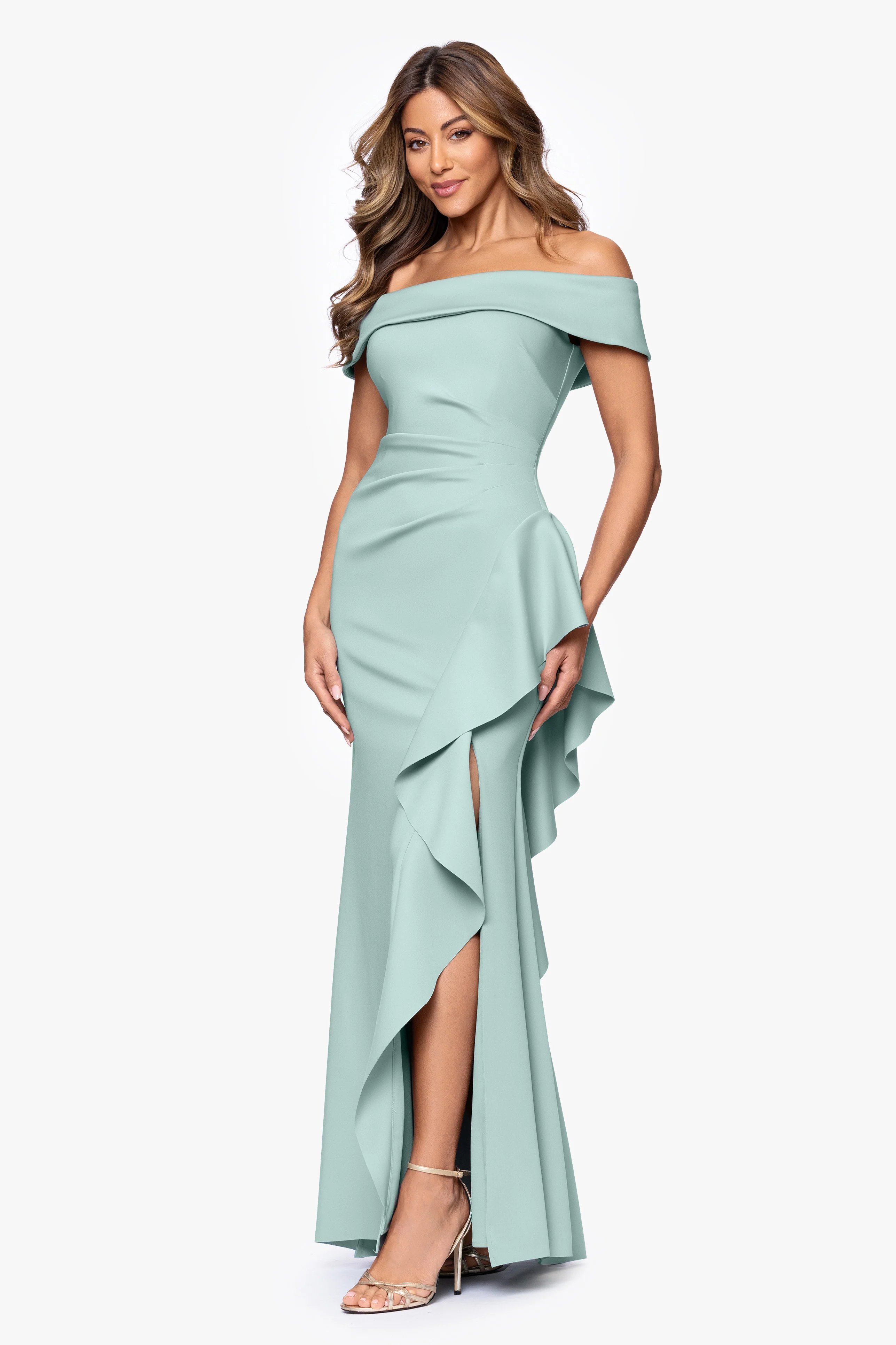 Petite "Dolly" Techno Scuba Off the Shoulder Ruffle Dress - Image 14