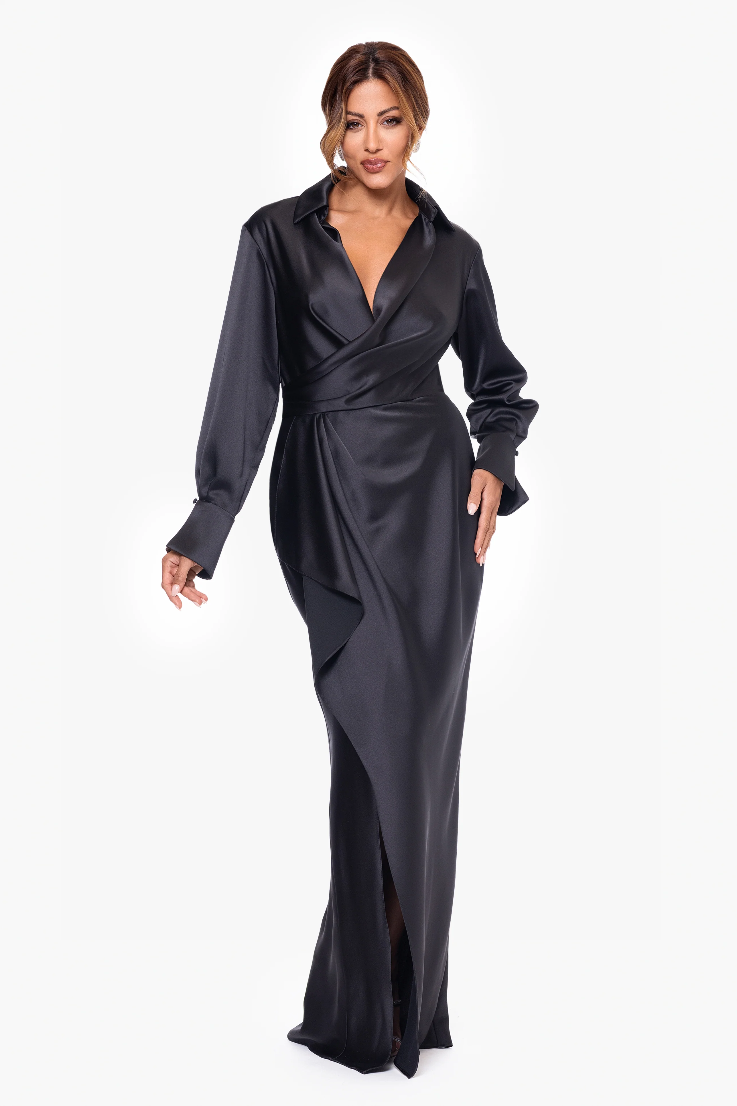 Petite "Emery" Satin Long Sleeve Collared Dress - Image 8