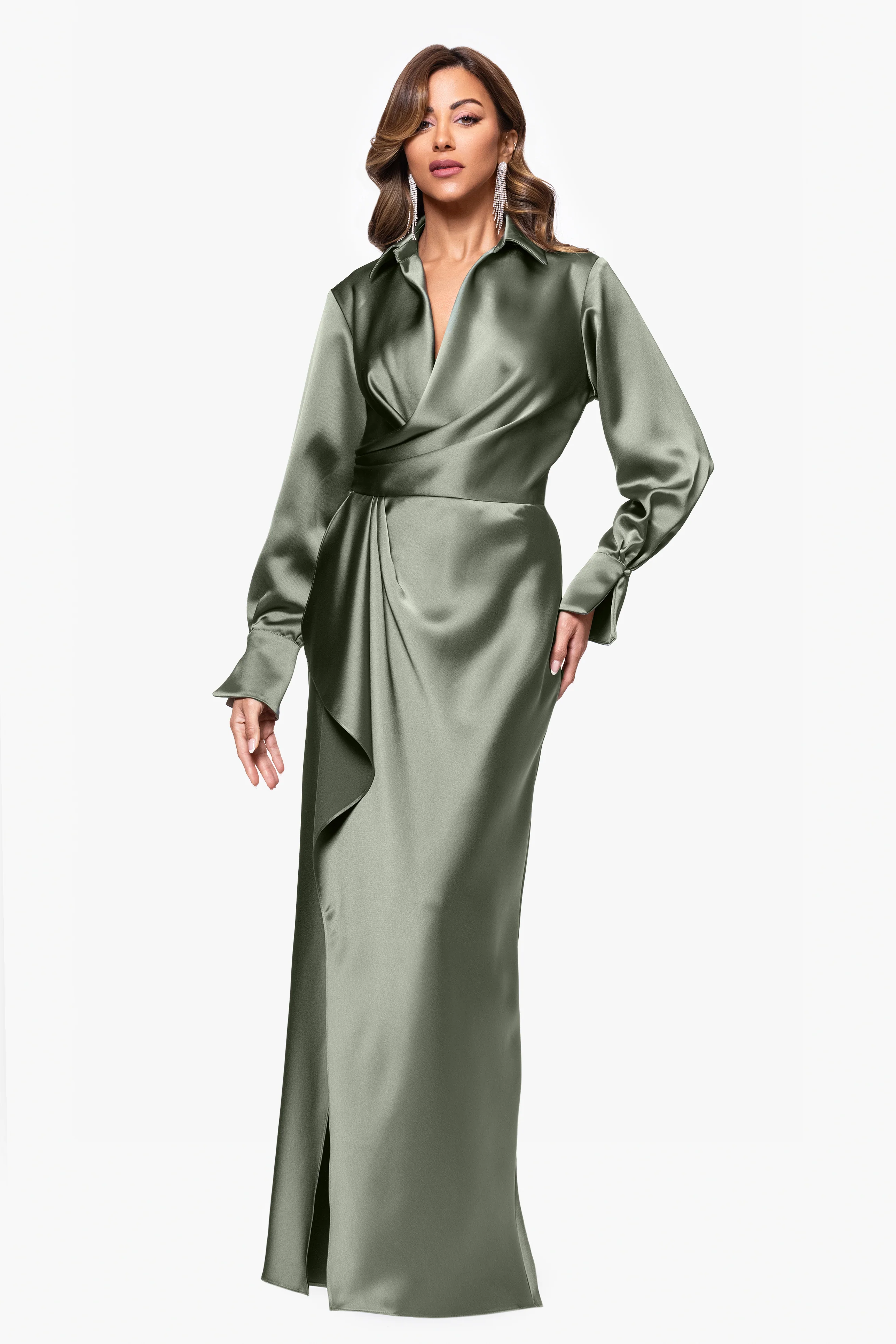 "Emery" Satin Long Sleeve Collared Dress - Image 15