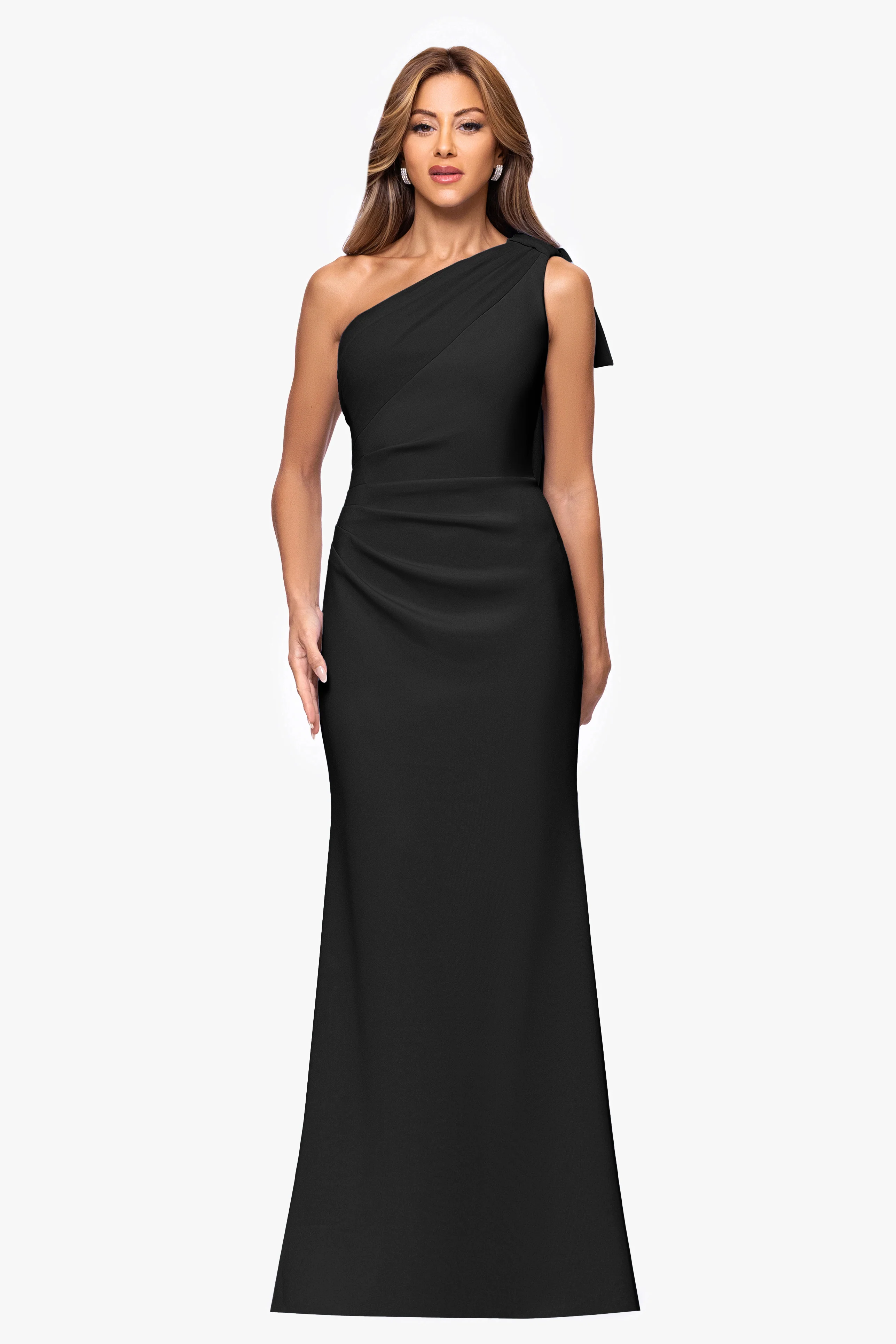 Petite "Gwen" Techno Scuba One Shoulder Sash Dress