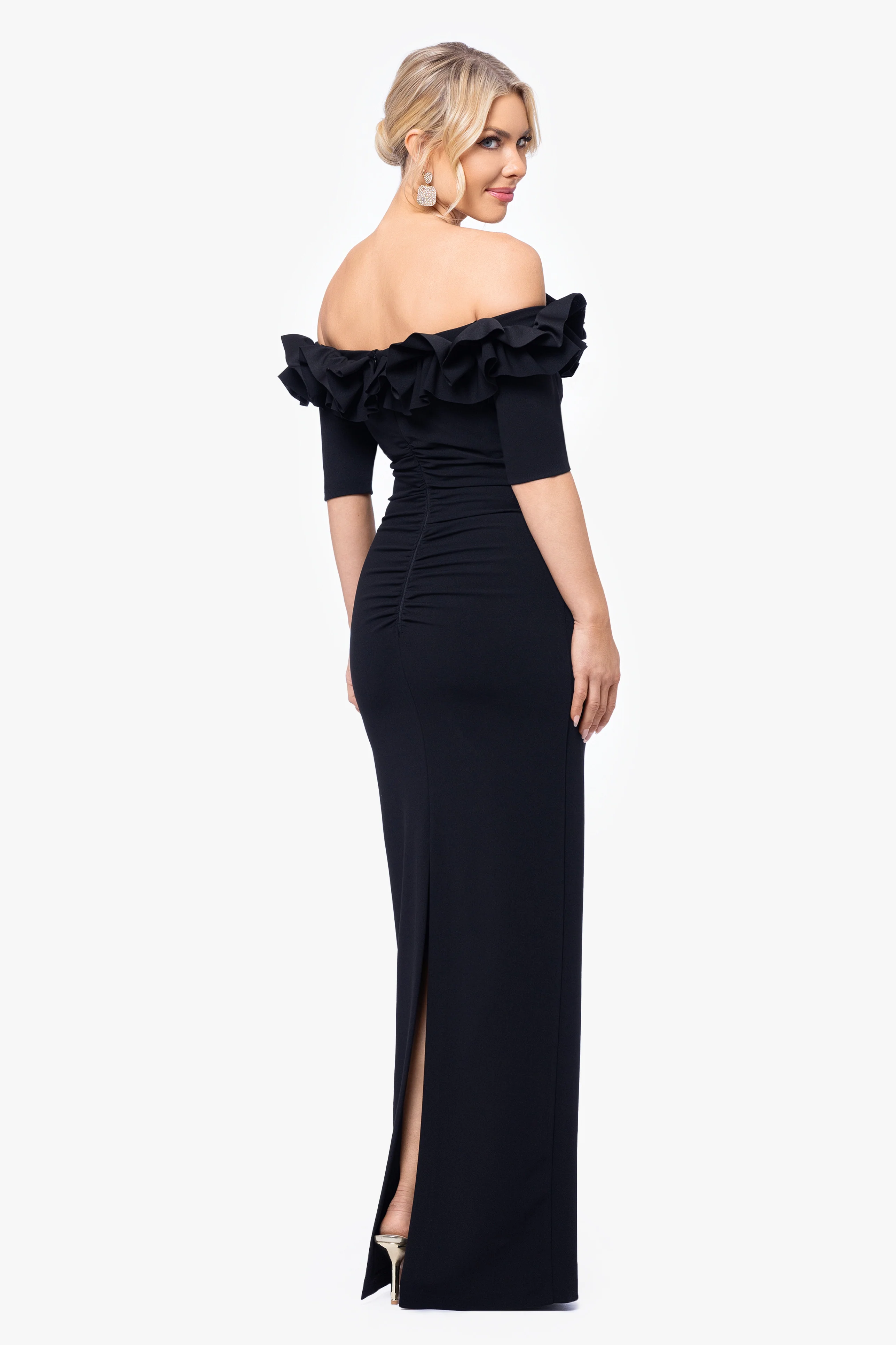 Petite "Isla" Scuba Crepe Off The Shoulder Ruffle Dress - Image 3