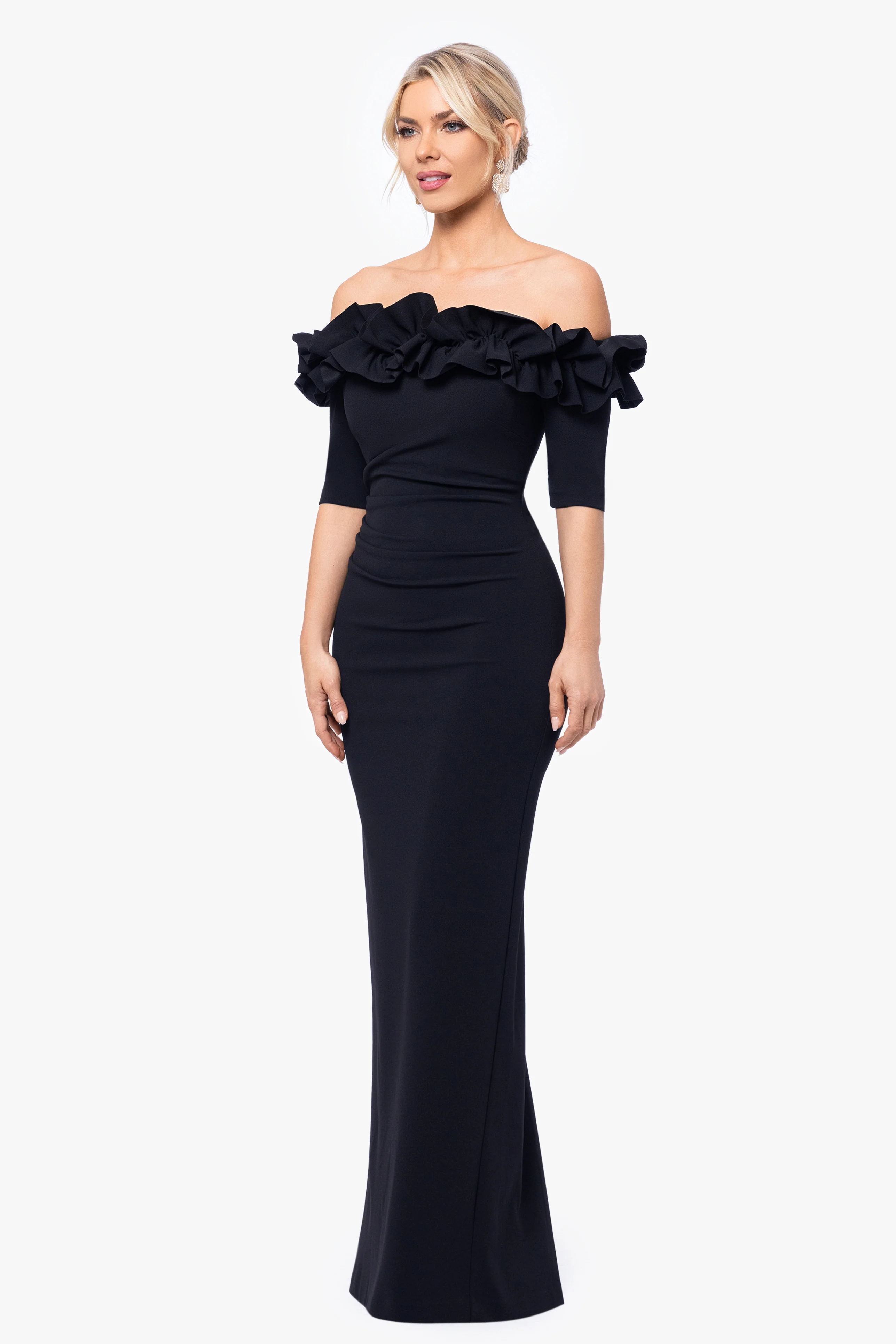Petite "Isla" Scuba Crepe Off The Shoulder Ruffle Dress - Image 4