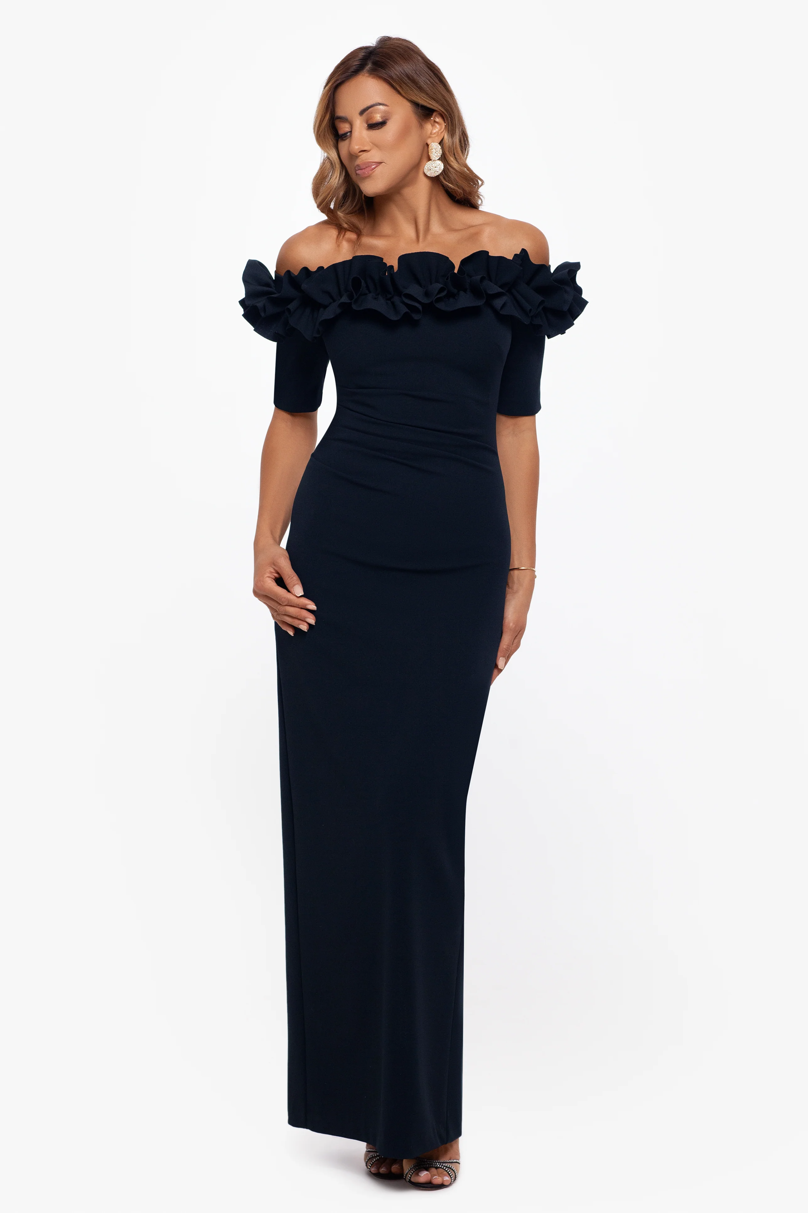 Petite "Isla" Scuba Crepe Off The Shoulder Ruffle Dress - Image 5