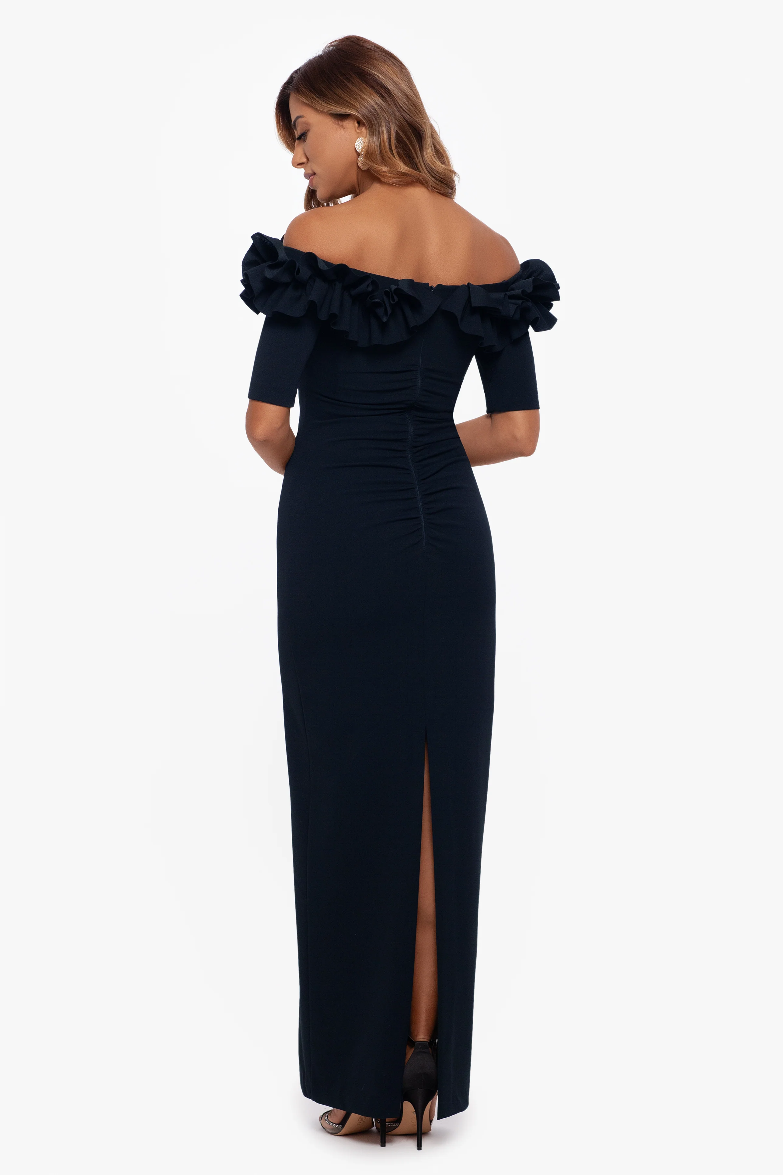 Petite "Isla" Scuba Crepe Off The Shoulder Ruffle Dress - Image 6