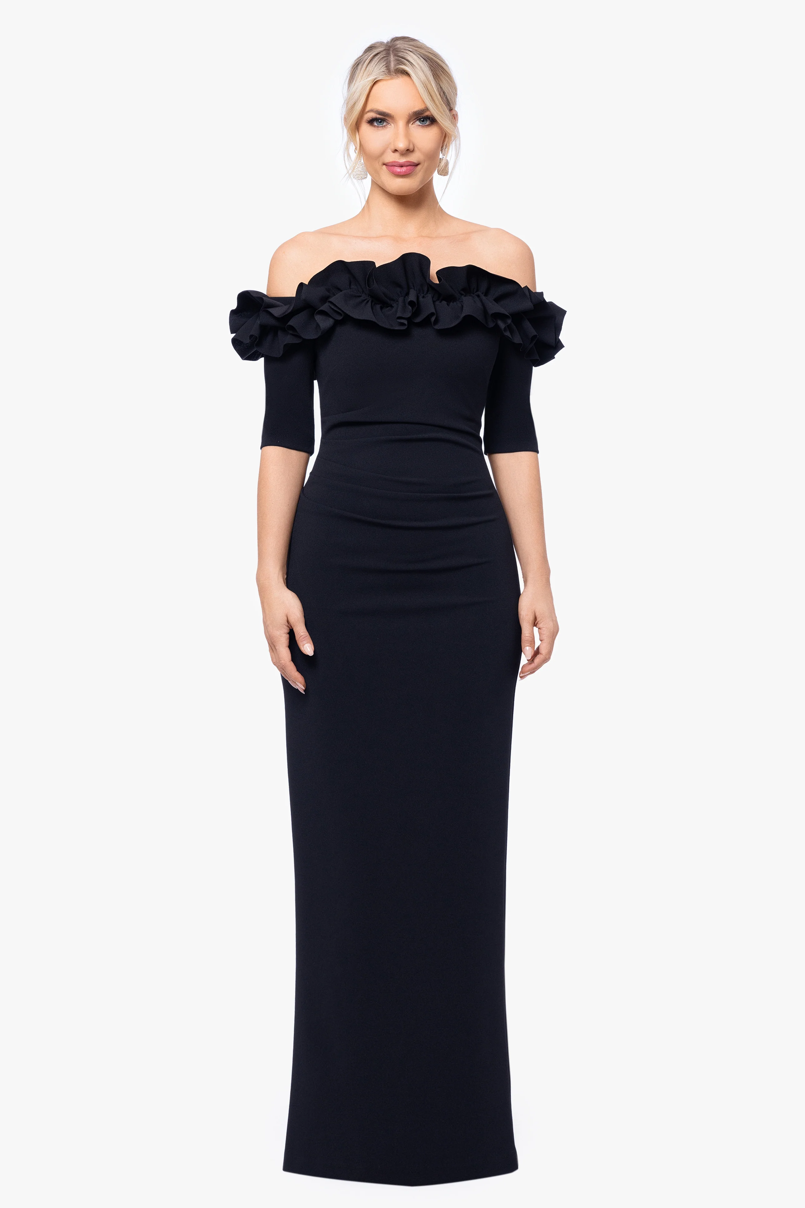 Petite "Isla" Scuba Crepe Off The Shoulder Ruffle Dress - Image 3