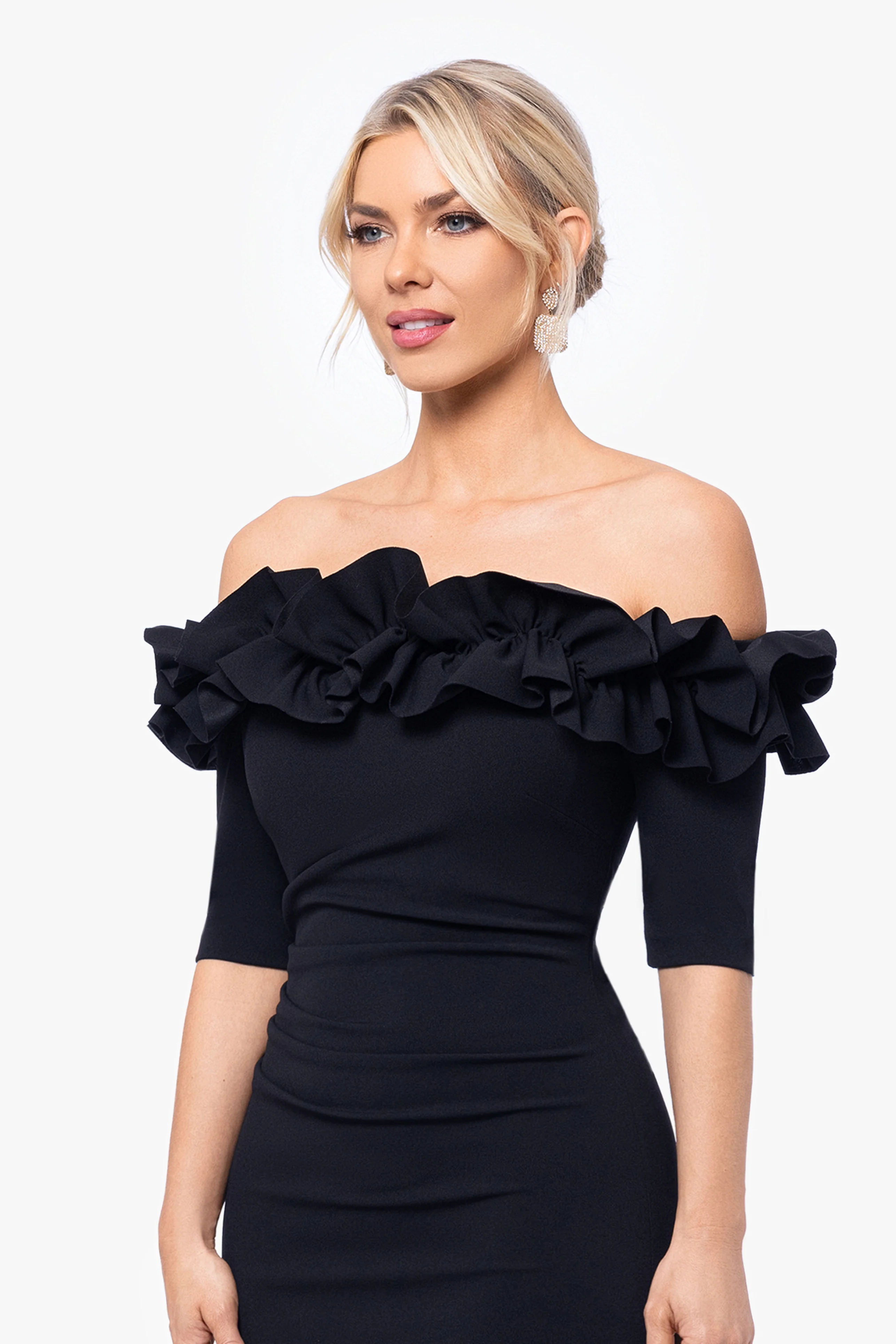 Petite "Isla" Scuba Crepe Off The Shoulder Ruffle Dress - Image 4