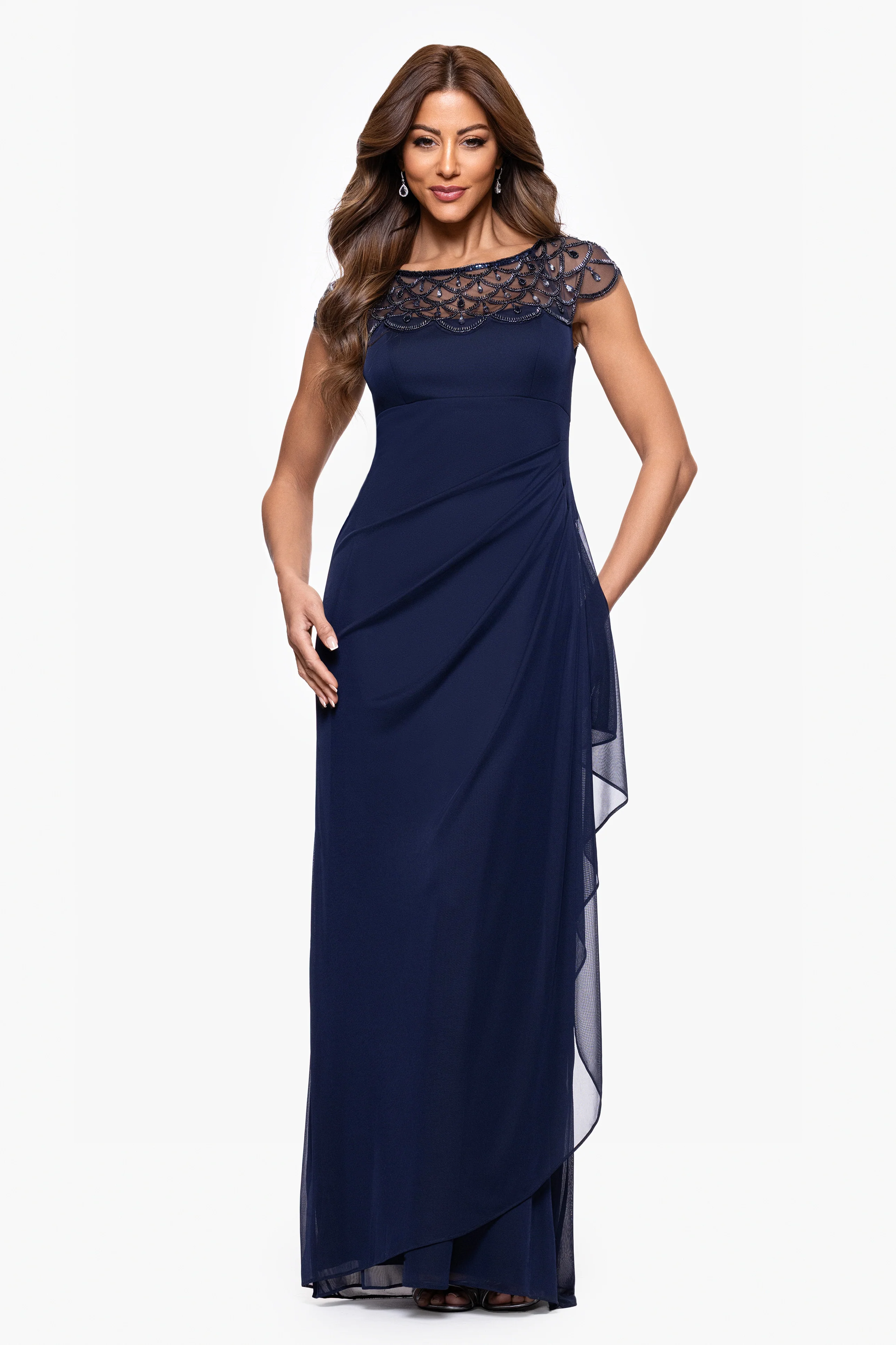 Petite "Khloe" Sheer Matte Jersey Embellished Ruffle Dress - Image 6