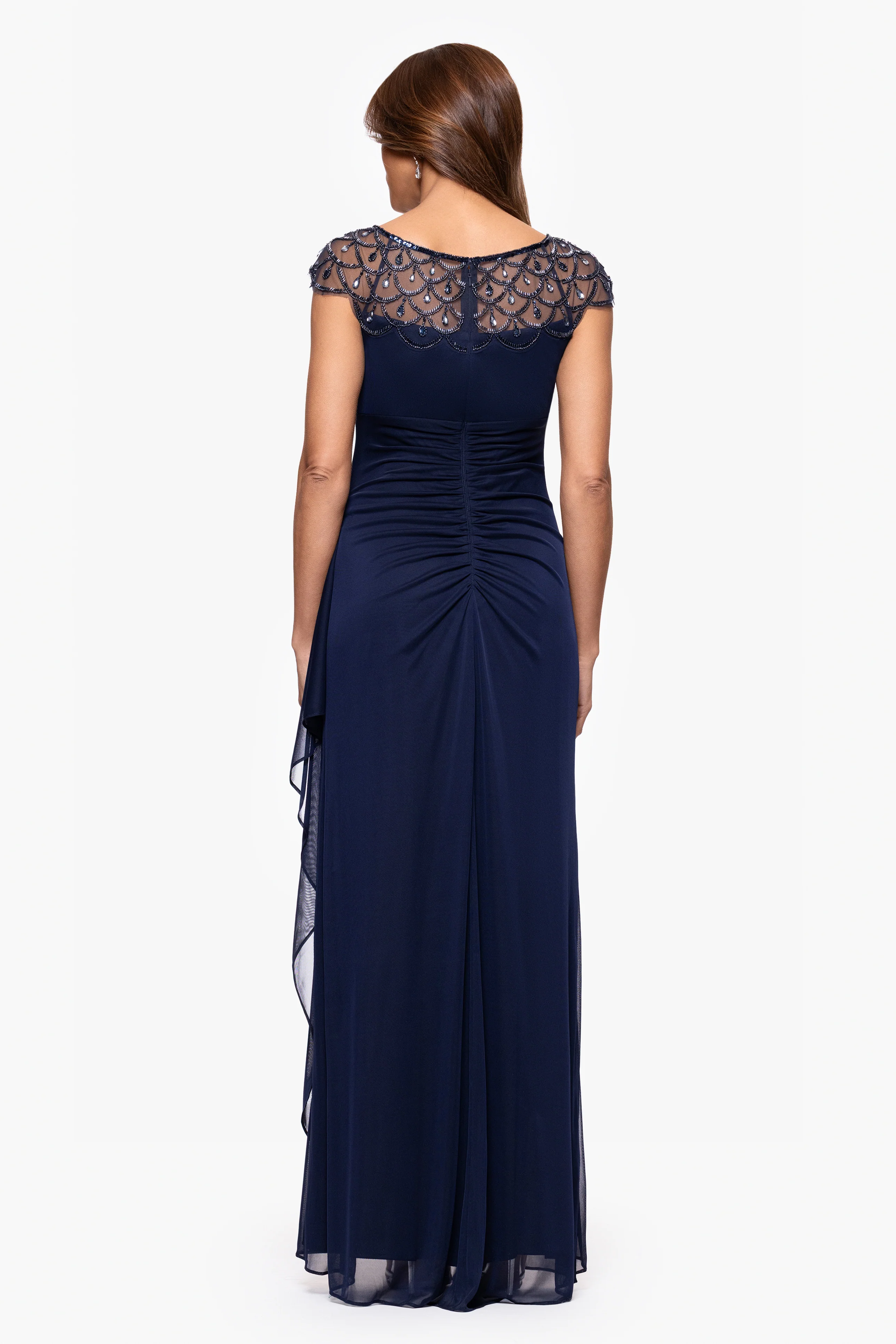 Petite "Khloe" Sheer Matte Jersey Embellished Ruffle Dress - Image 8