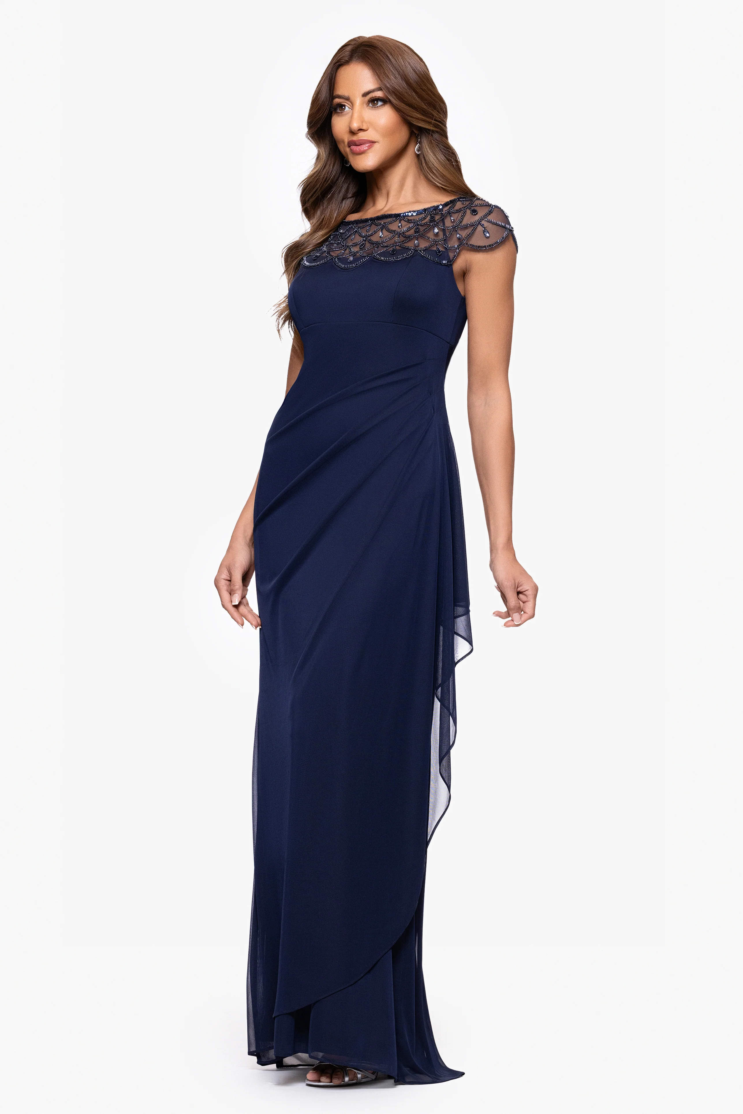 Petite "Khloe" Sheer Matte Jersey Embellished Ruffle Dress - Image 9