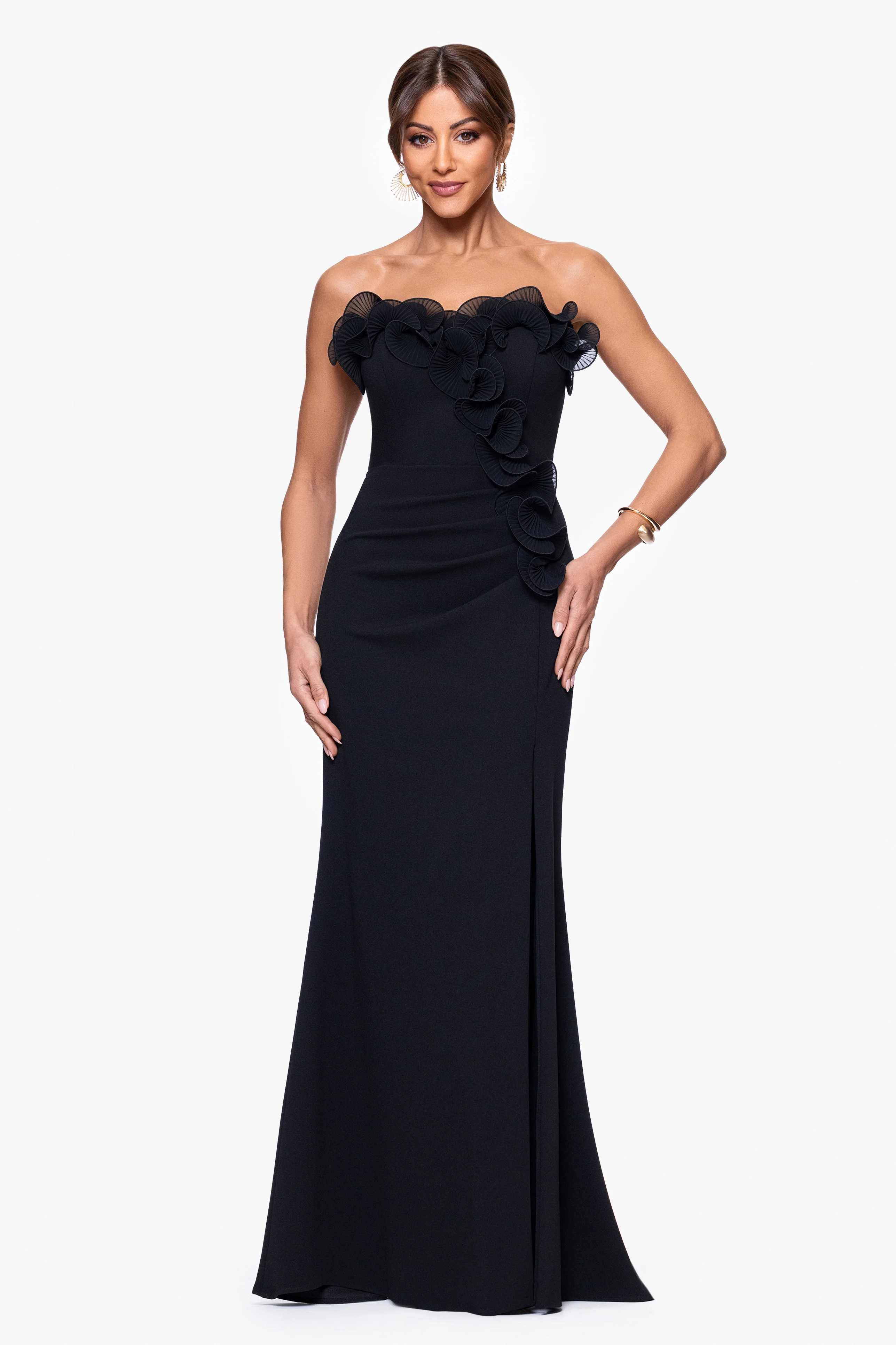 Petite "Kimberly" Scuba Crepe Chiffon Ruffle Strapless Dress - Image 2