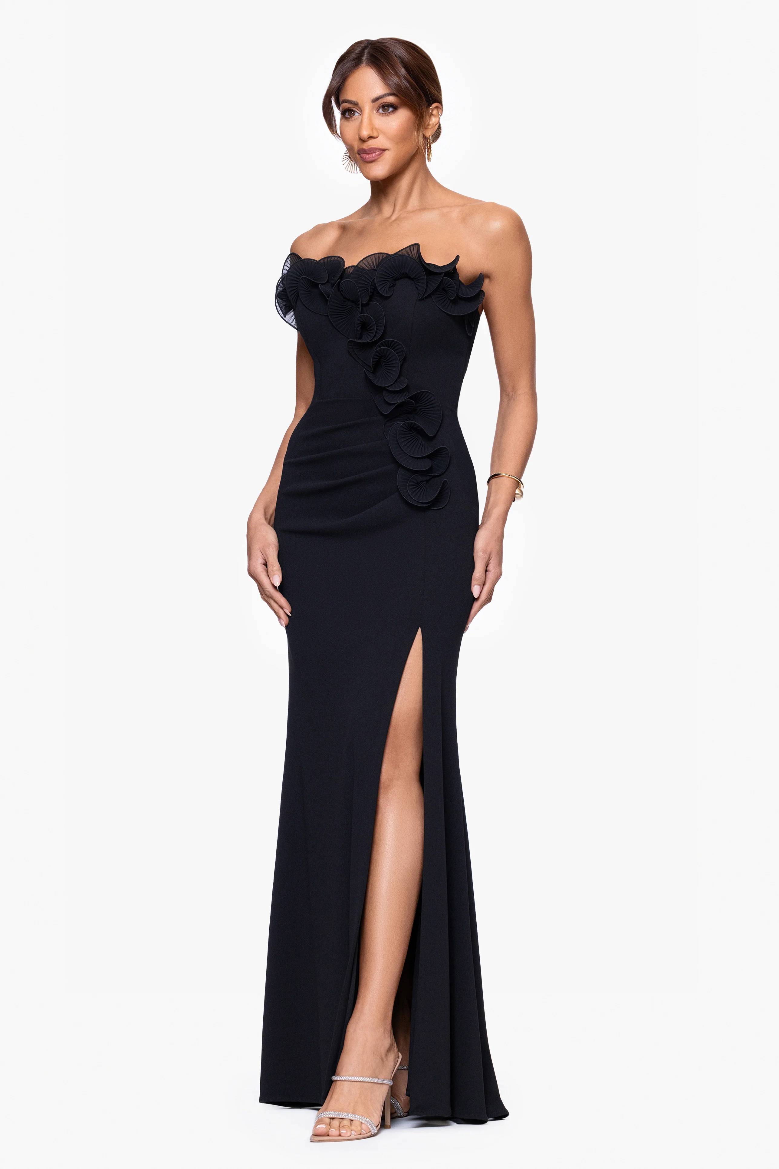 Petite "Kimberly" Scuba Crepe Chiffon Ruffle Strapless Dress - Image 5
