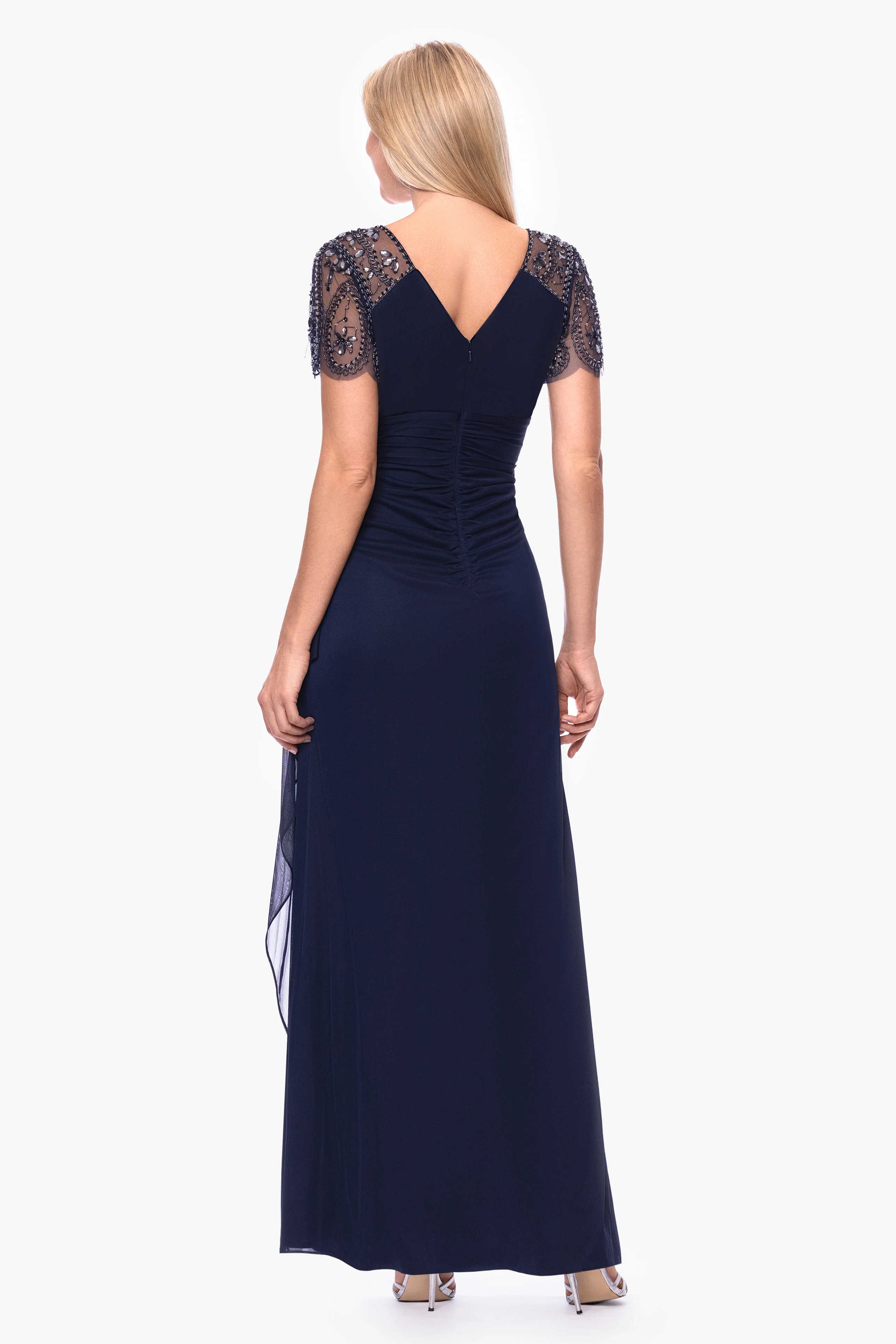 Petite "Lana" Sheer Matte Jersey Beaded Flutter Sleeve Dress - Image 3