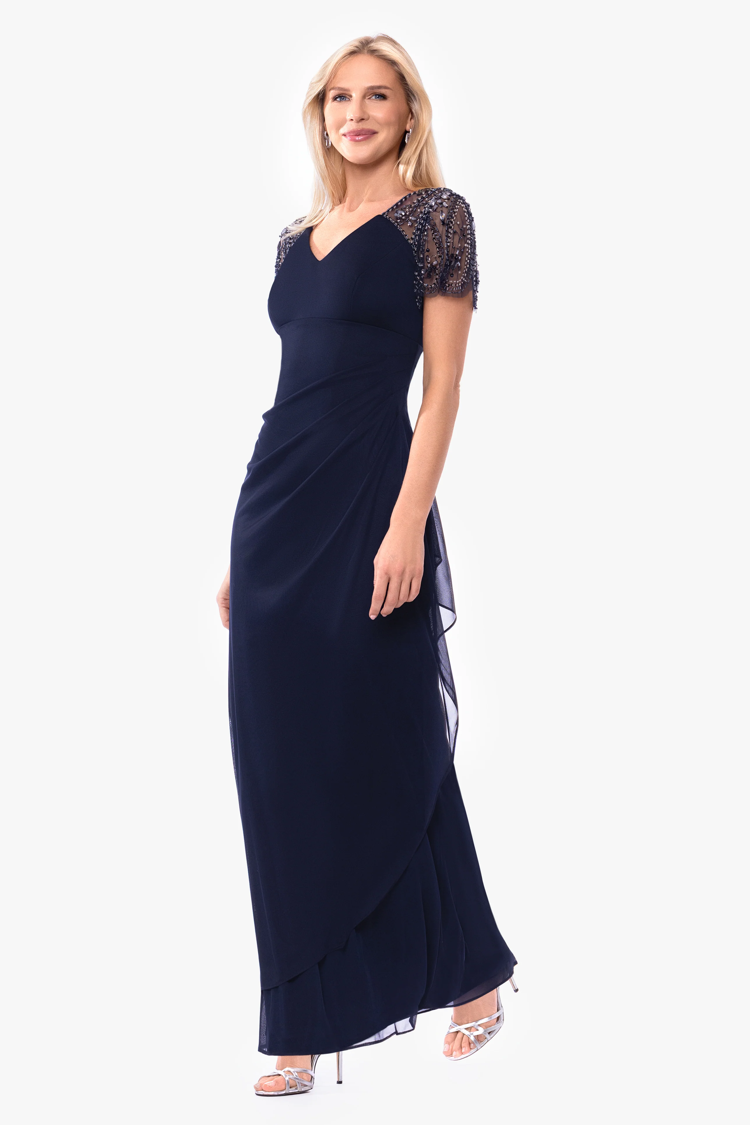 Petite "Lana" Sheer Matte Jersey Beaded Flutter Sleeve Dress - Image 4
