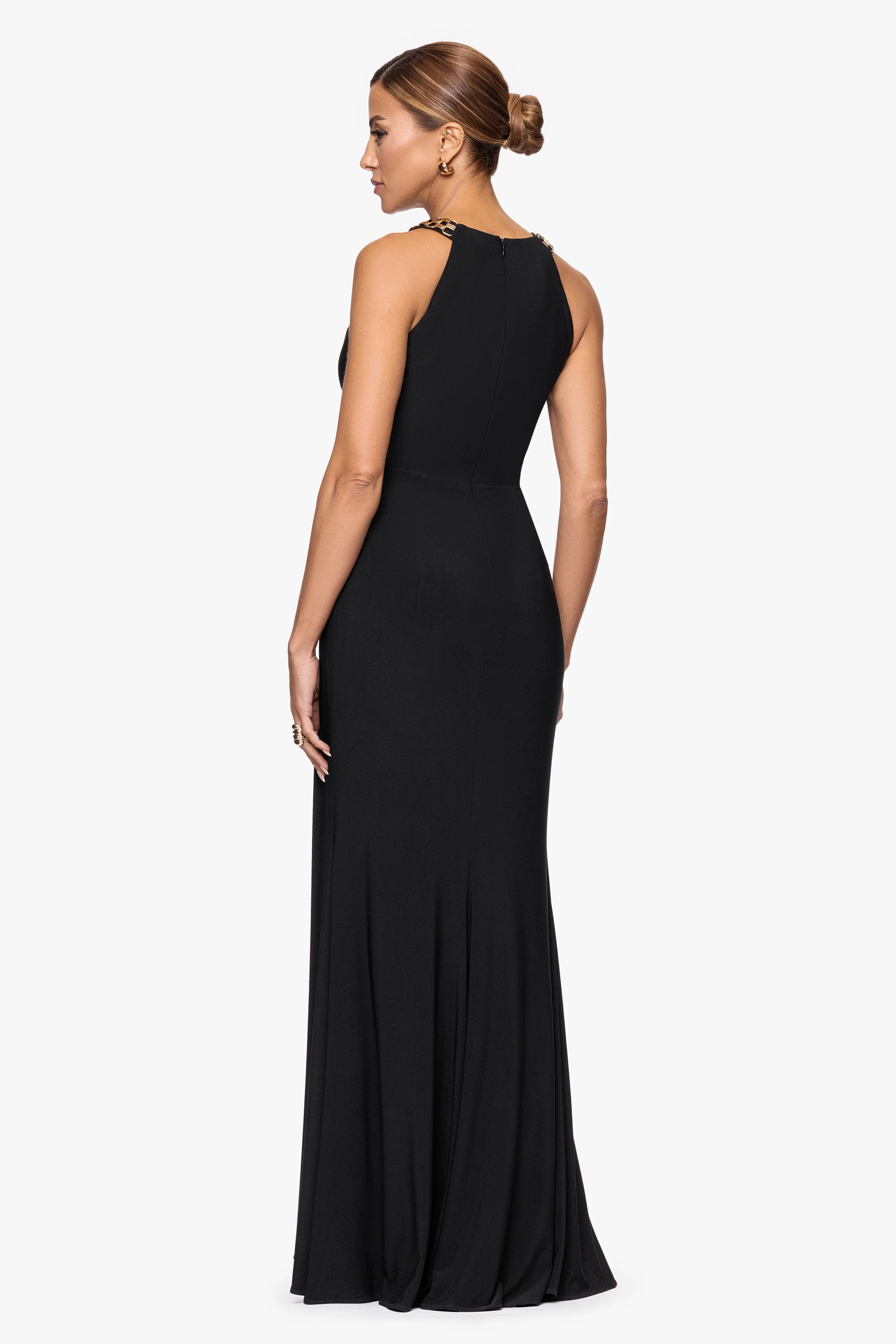 Petite "Malia" Jersey Knit Gold Chain Embellished Dress - Image 3