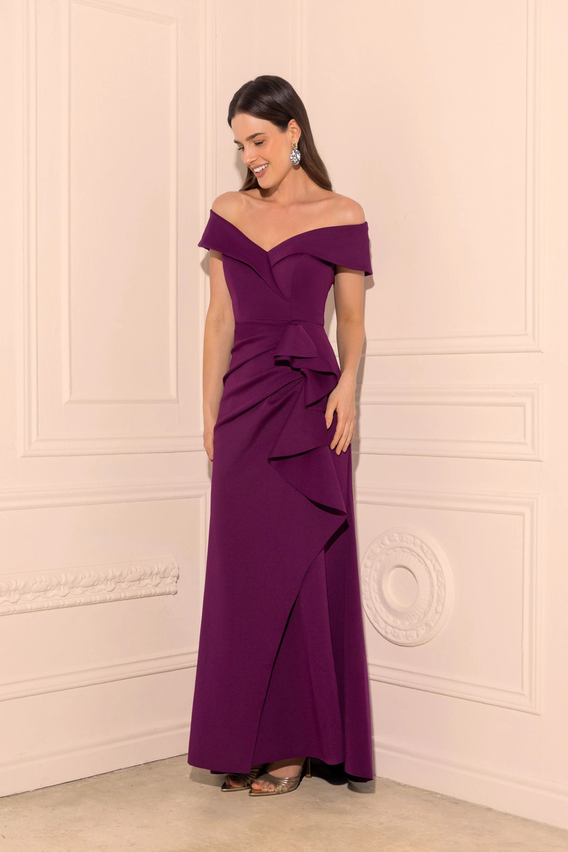 Petite "Patti" Techno Scuba Off The Shoulder Dress
