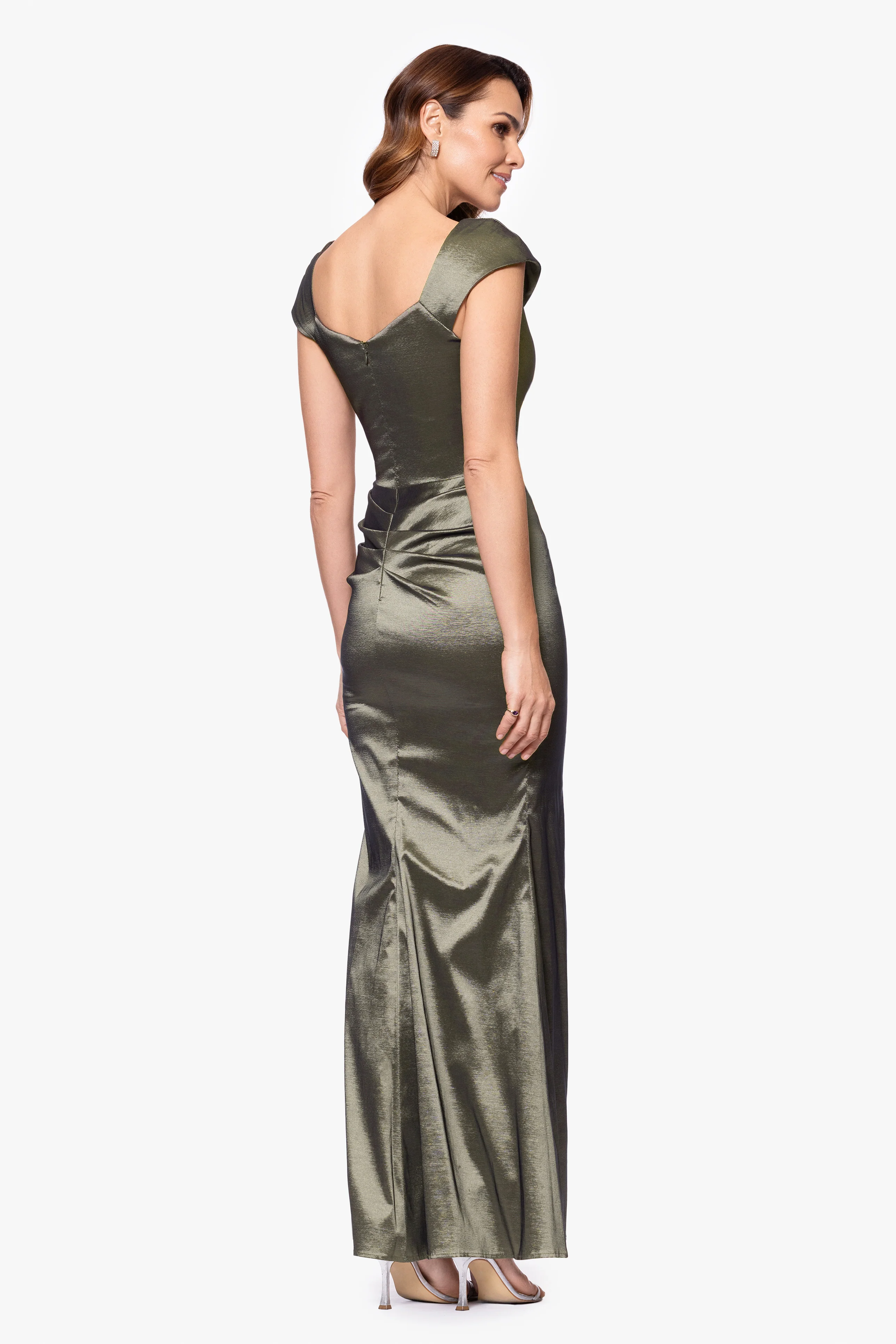 Petite "Paulina" Taffeta Short Sleeve Asymmetric Neckline Dress - Image 3