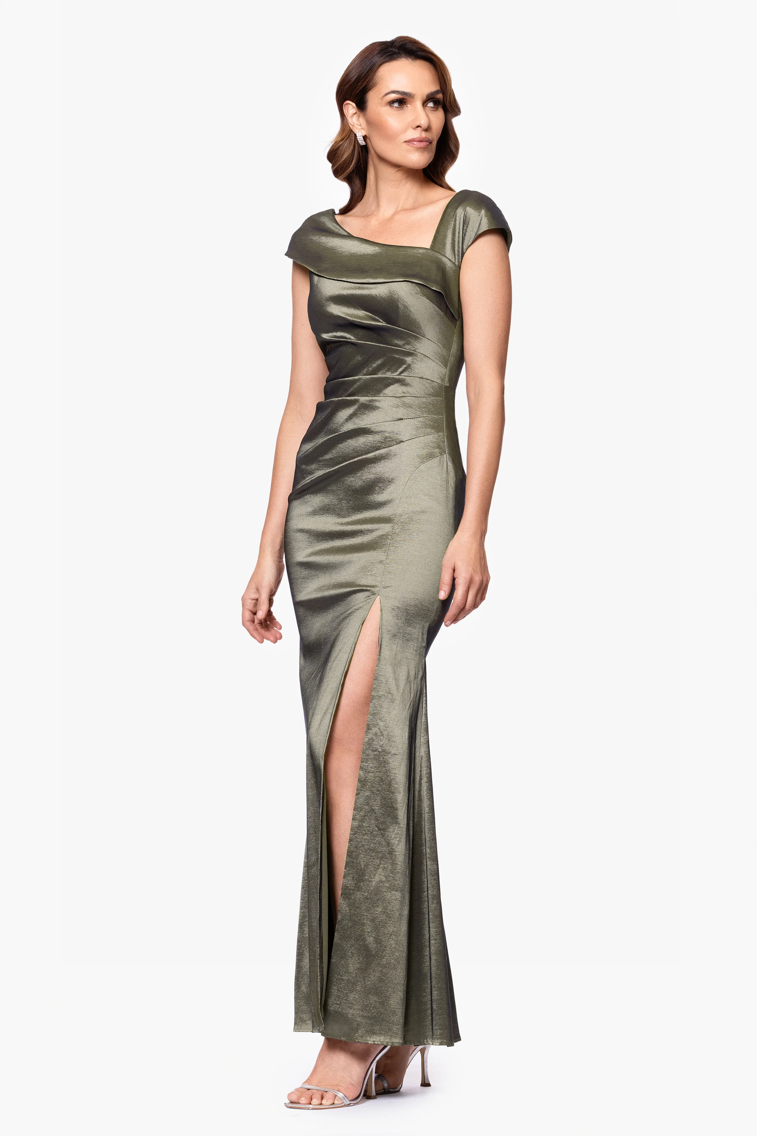 Petite "Paulina" Taffeta Short Sleeve Asymmetric Neckline Dress - Image 4