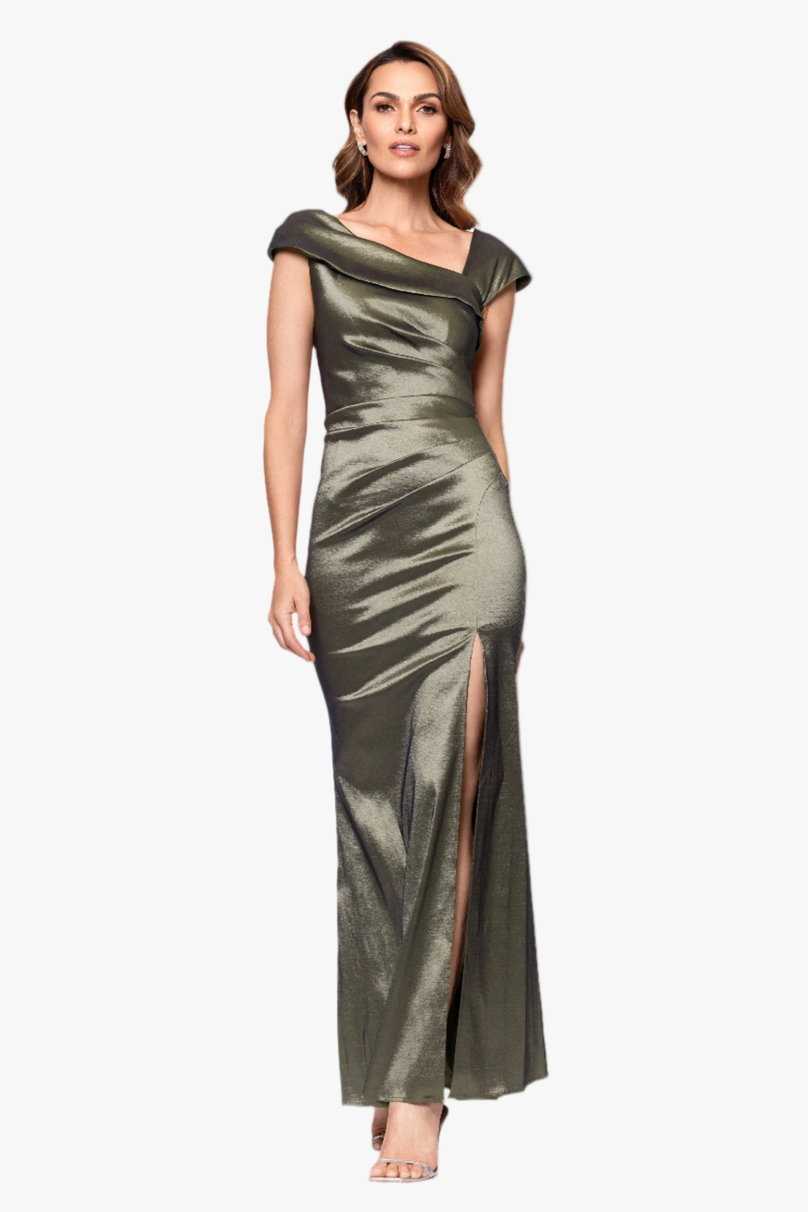 Petite "Paulina" Taffeta Short Sleeve Asymmetric Neckline Dress - Image 5