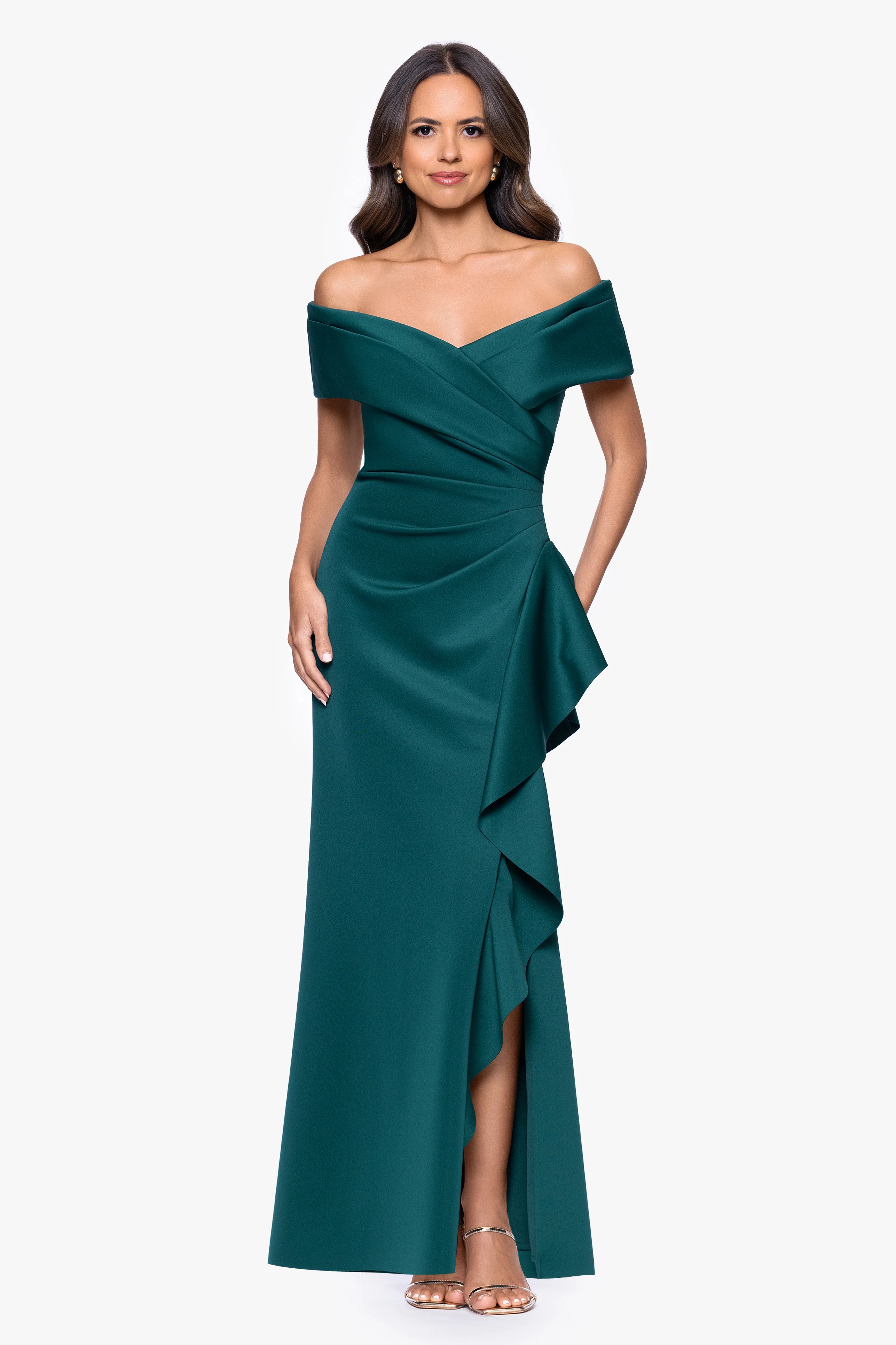 Petite "Pearl" Techno Scuba Off the Shoulder Ruffle Dress - Image 7