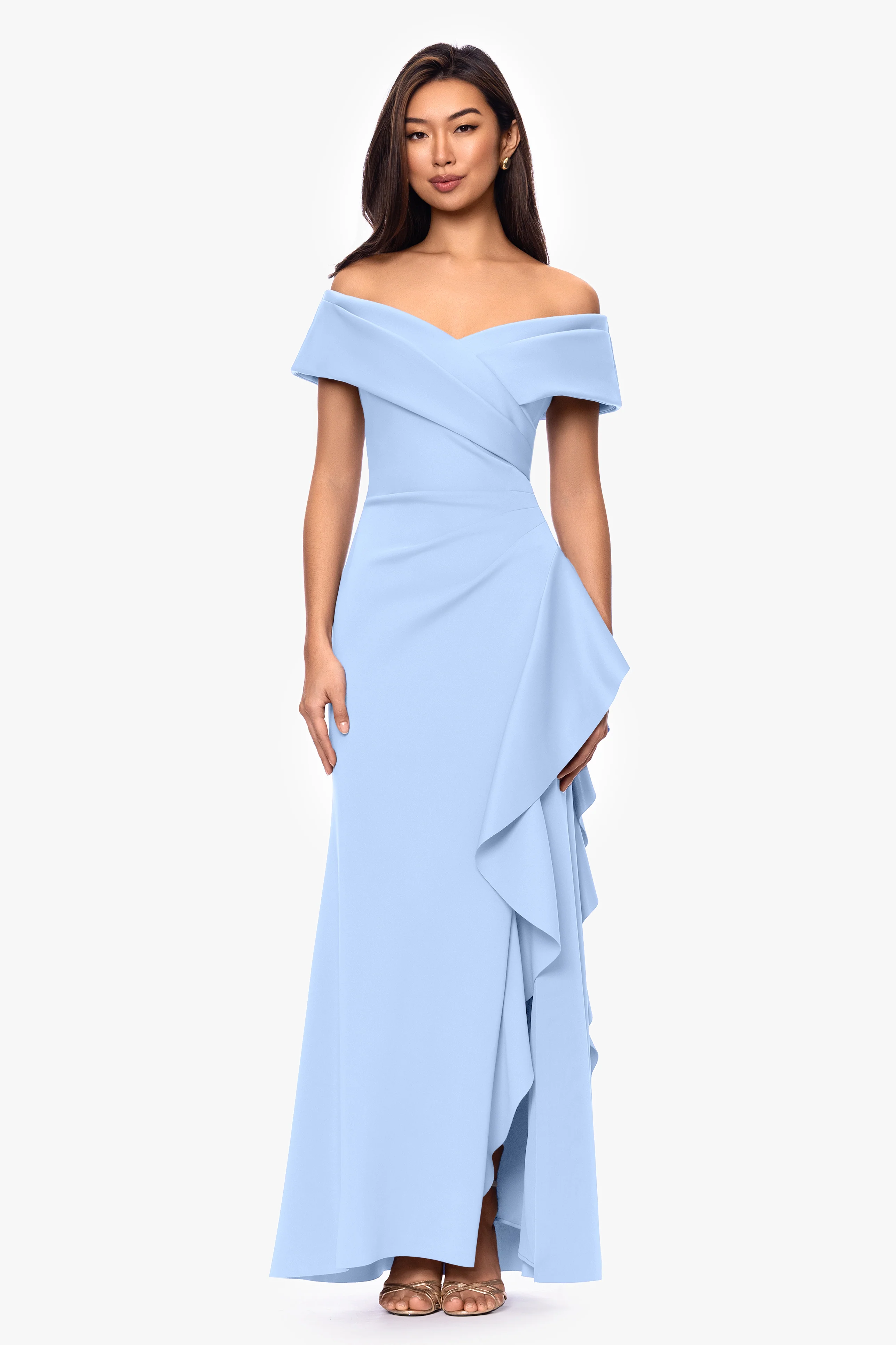 Petite "Pearl" Techno Scuba Off the Shoulder Ruffle Dress